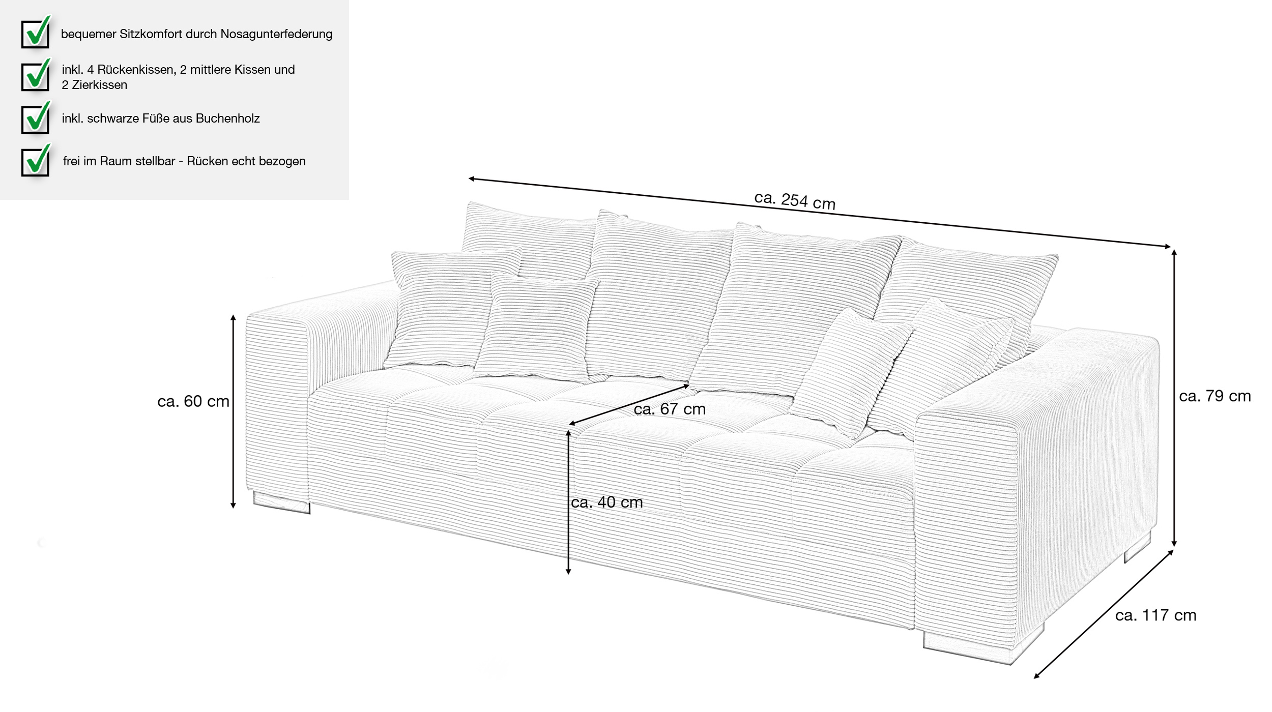 Big Sofa grau Cord 254 cm - Nosagunterfederung - BORNEO