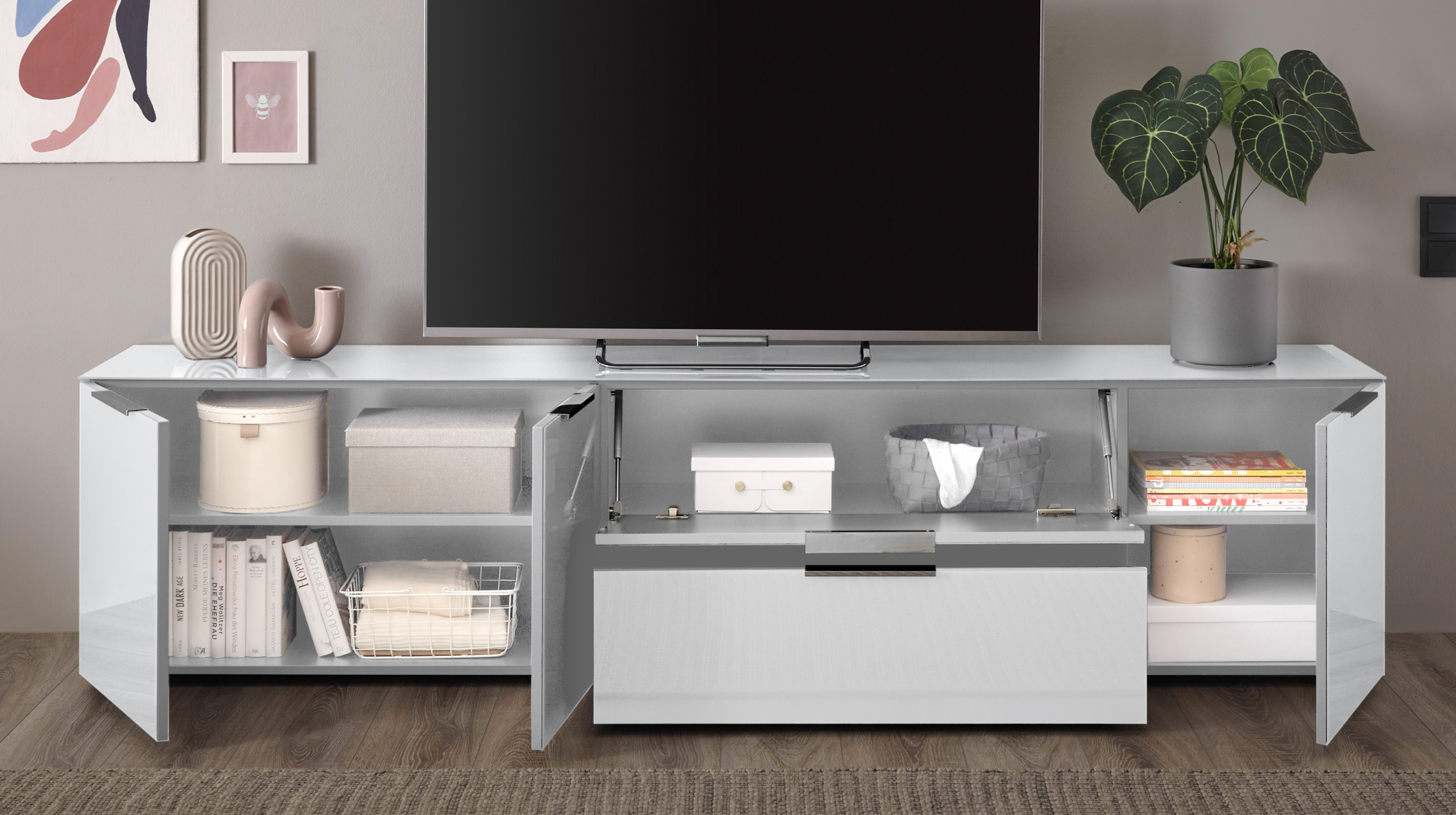 TV-Lowboard weiß - Glasfront - 226 cm - SANTORIN