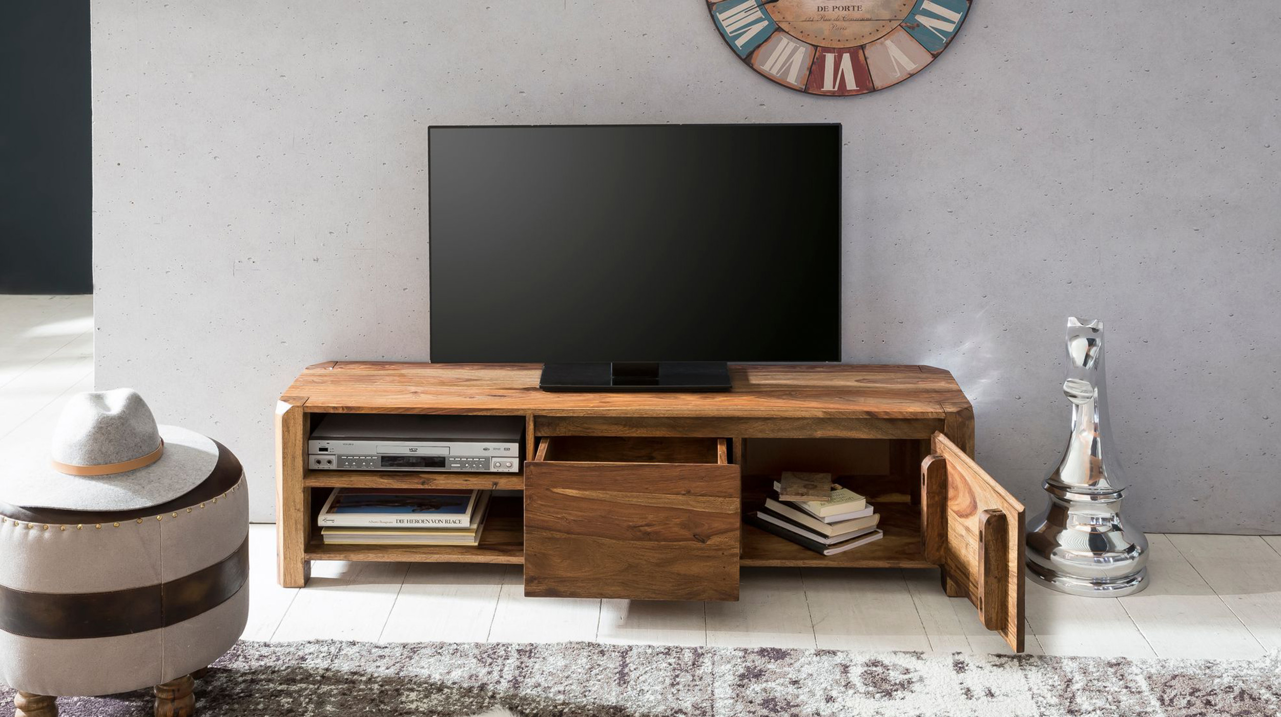 TV-Lowboard Sheesham massiv gebeizt 140 cm - KNUT 