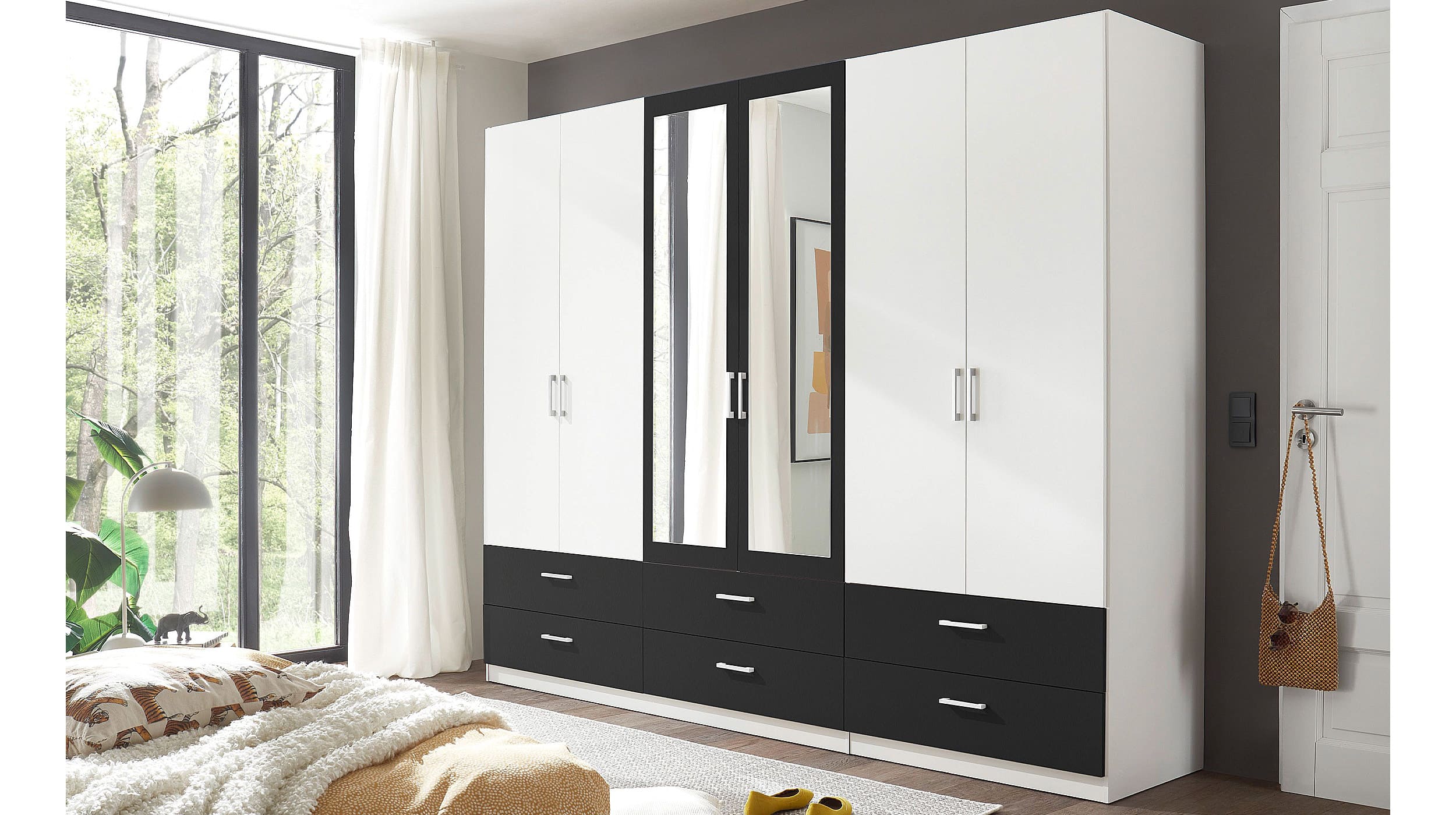 Kleiderschrank mit Spiegel 272 cm weiß 6-türig - JANNE