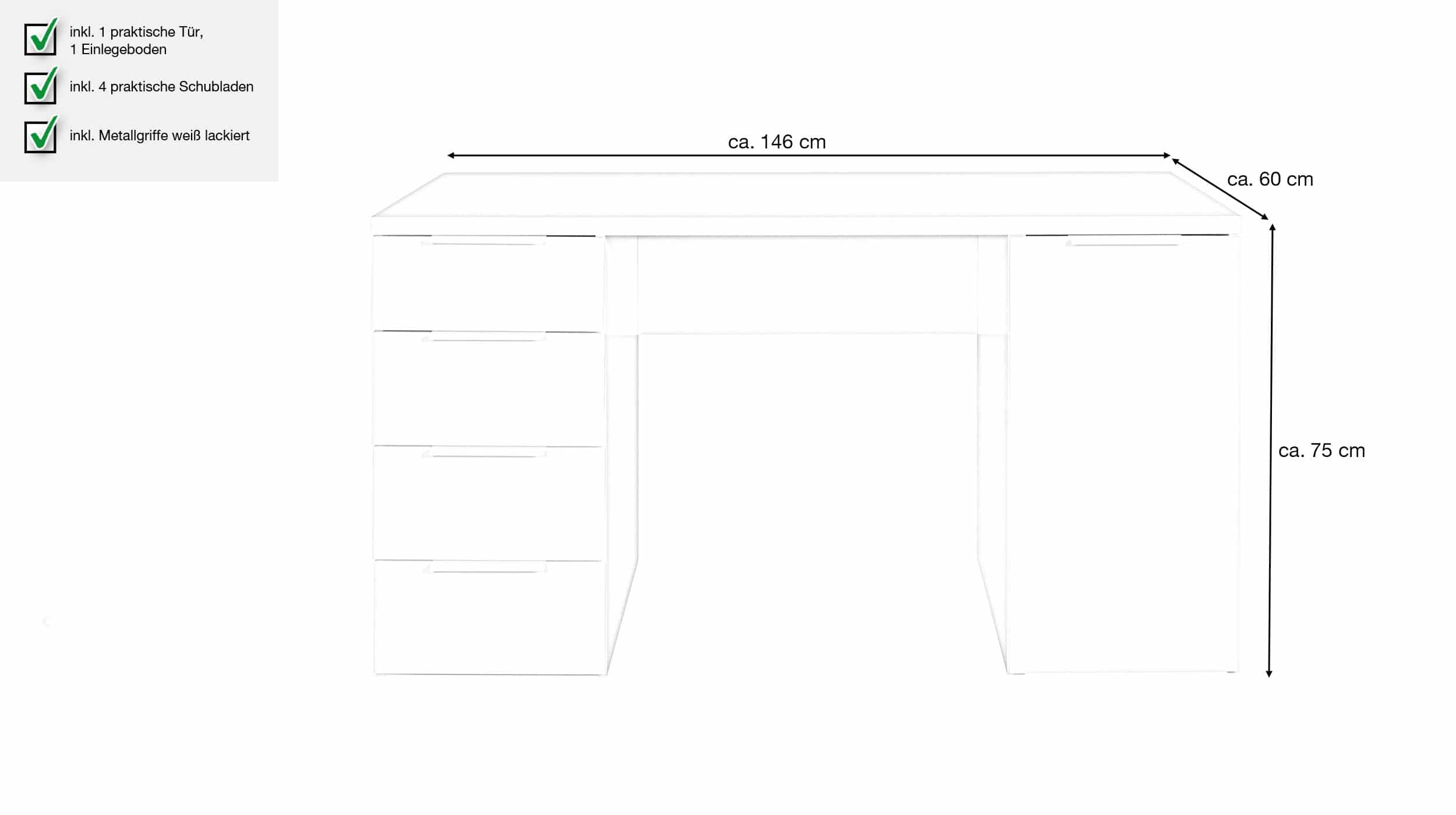 Computerschreibtisch mit Schublade weiß Hochglanz 146 cm - ESPRESSO