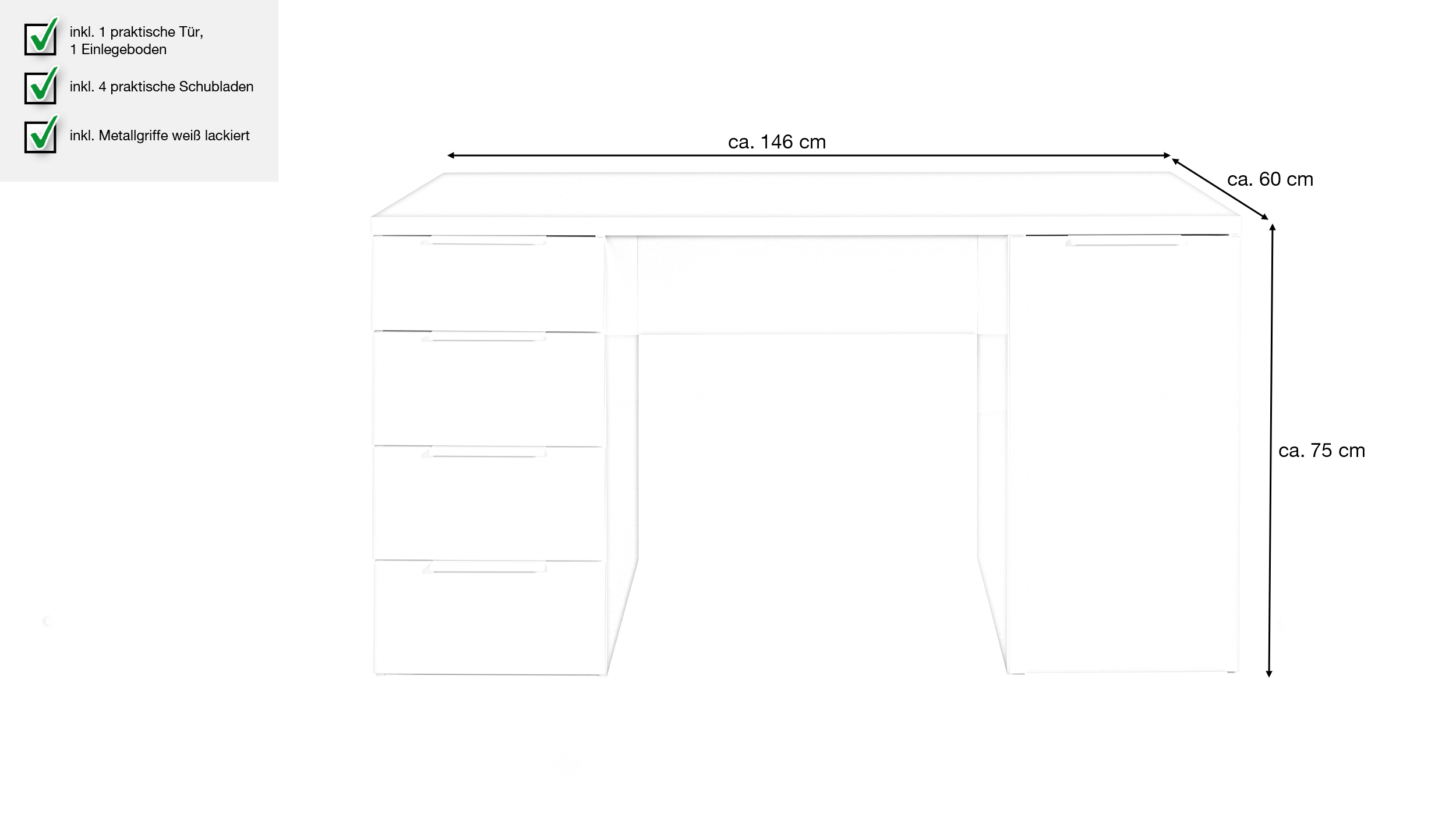 Computerschreibtisch mit Schublade weiß hochglanz 146 cm - ESPRESSO