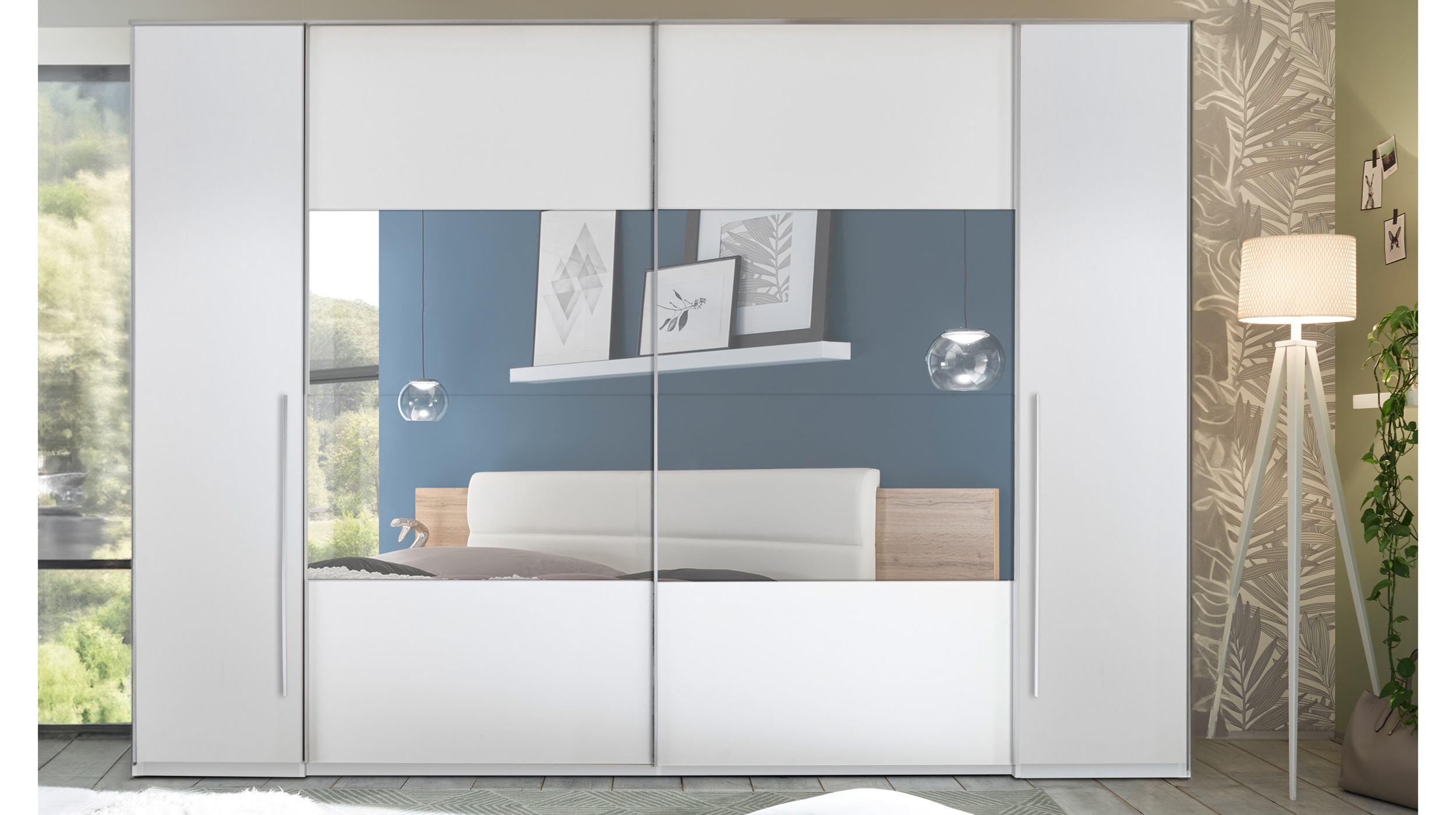 Kleiderschrank mit Spiegel - weiß - 312 cm - MEGA