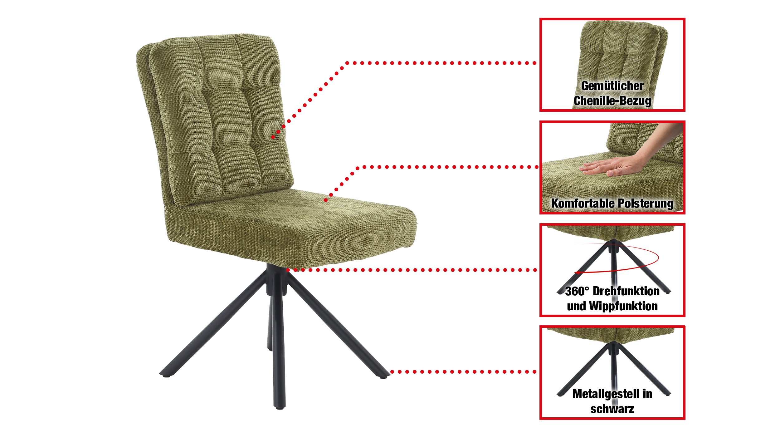 Polsterstuhl grün Drehstuhl Taschenfederkern Chenille - HEDIA