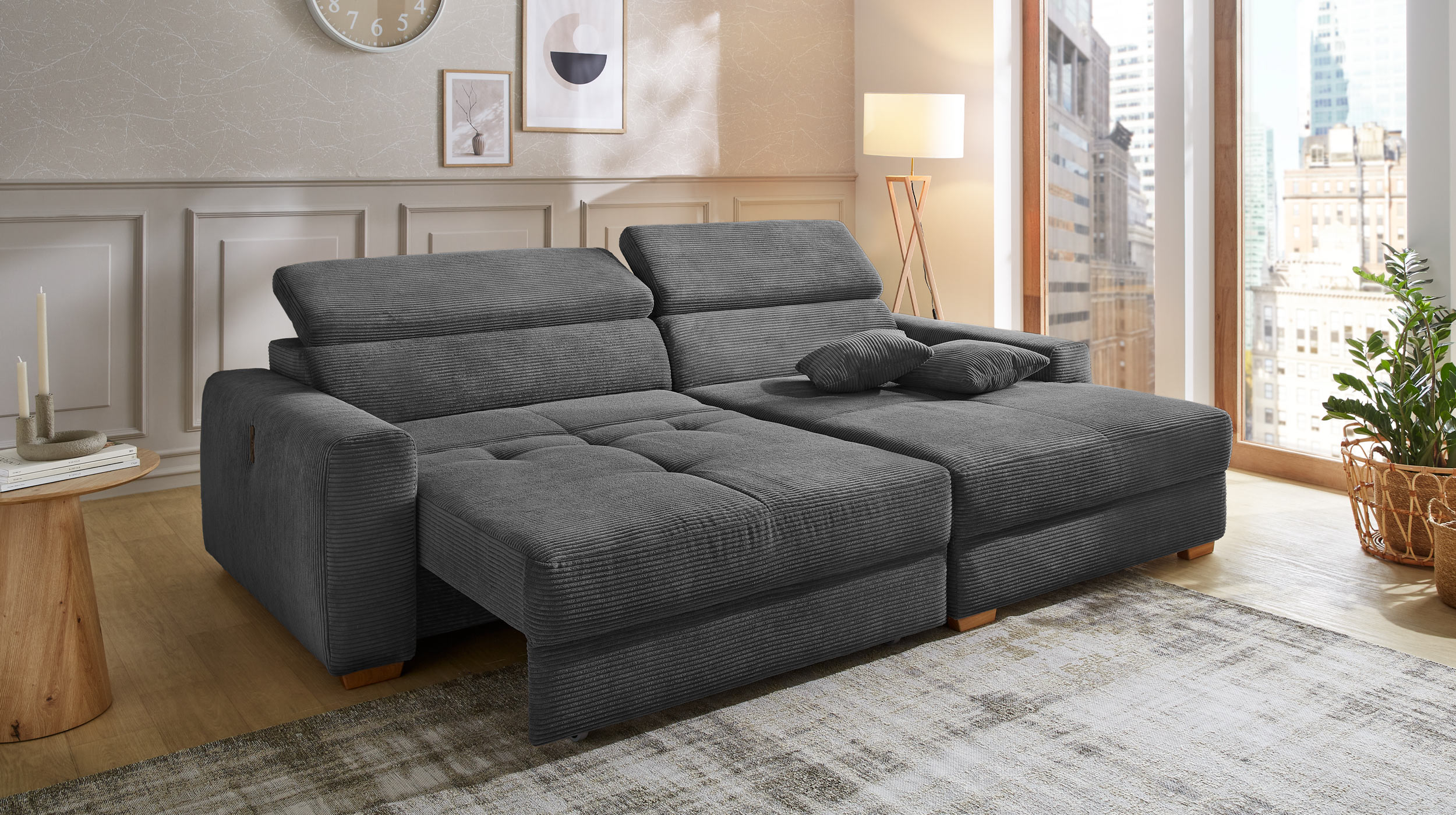 Ecksofa Cord grau ausziehbar - Sitztiefenverstellung 277 cm - SLIDER