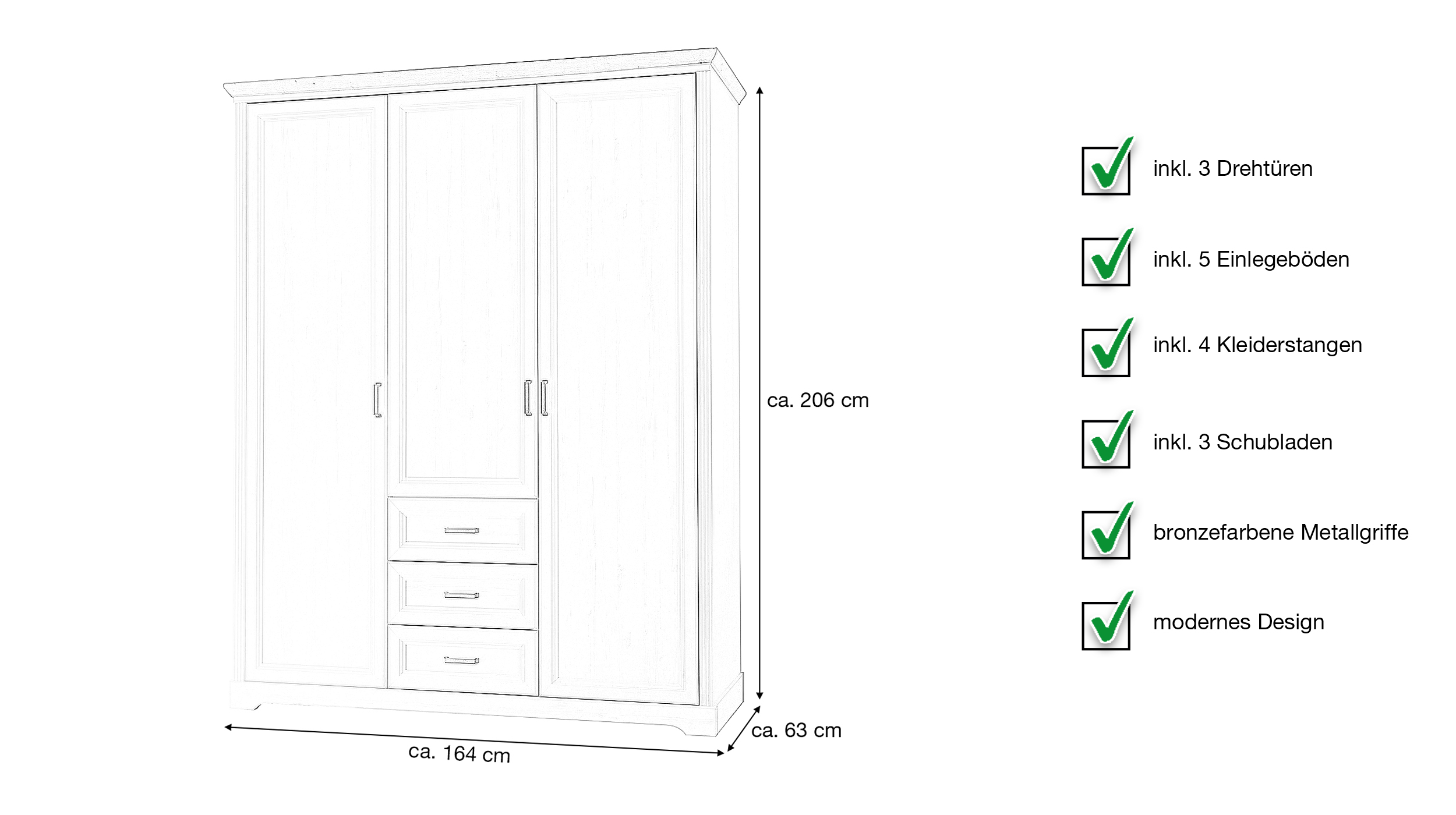 Kleiderschrank Anderson Pinie weiß 164 cm 3-türig - JASMIN 