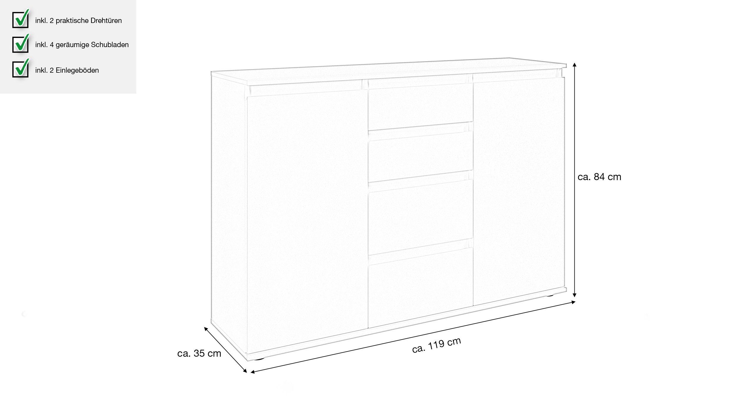 Kommode mit 4 Schubladen weiß 119 x 35 cm - 2-türig - BRESTA
