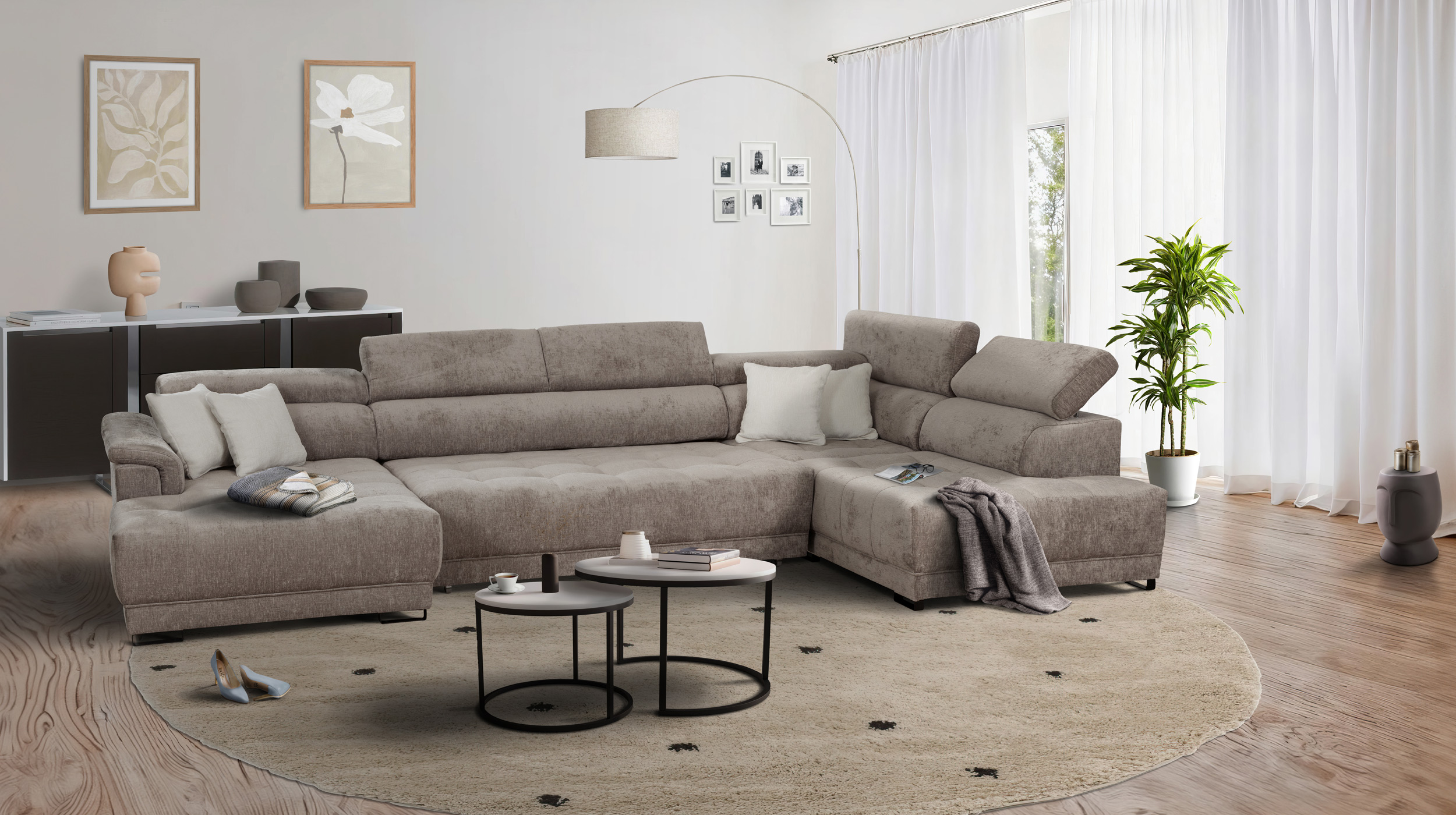 Wohnlandschaft taupe ausziehbar - Sitztiefenverstellung - BENEVENTO