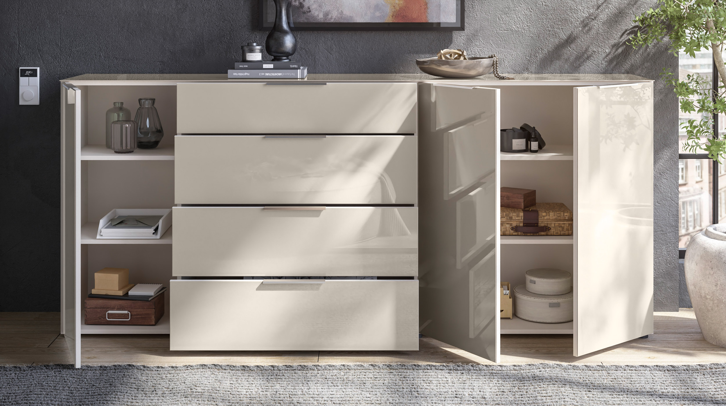 Sideboard 4 Schubladen - beige - Glasfront - 226 cm - SANTORIN