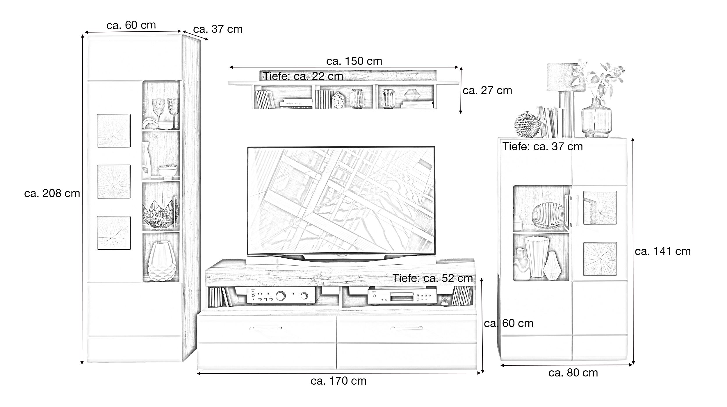 Wohnwand beige Eiche 340 cm - LED-Beleuchtung - SINFONIE  Wohnwand beige Eiche 340 cm - LED-Beleuchtung - SINFONIE