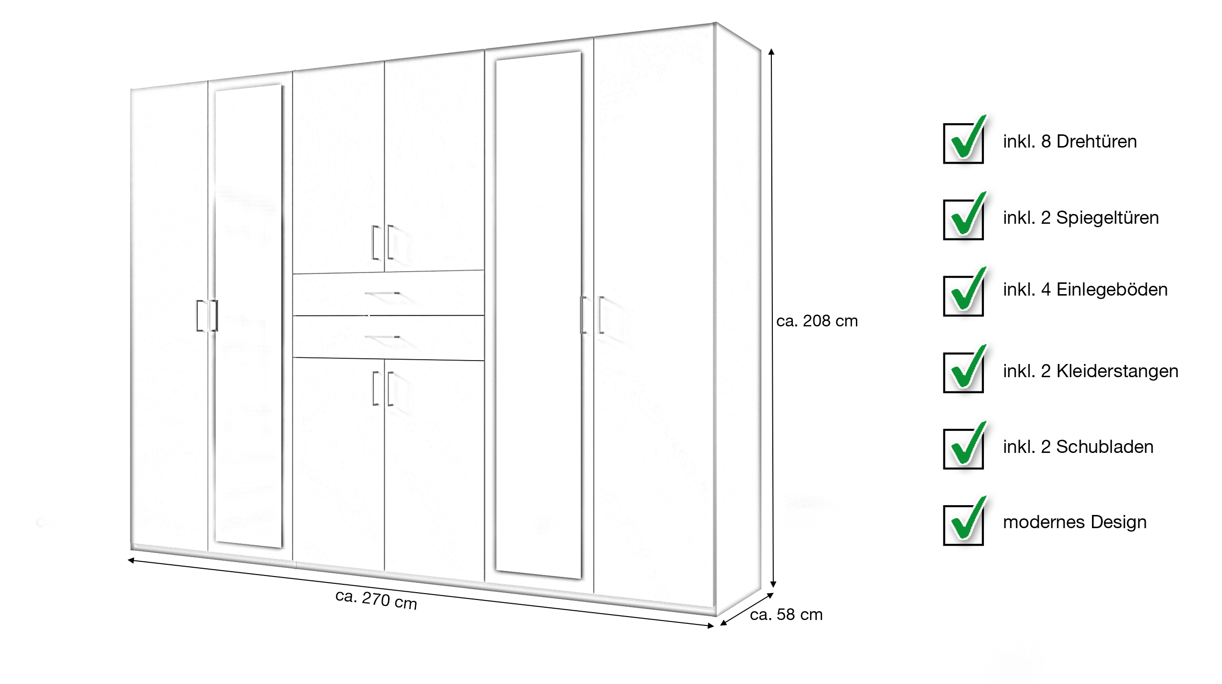 Kleiderschrank mit Spiegel - weiß - 270 cm - DILLINGEN
