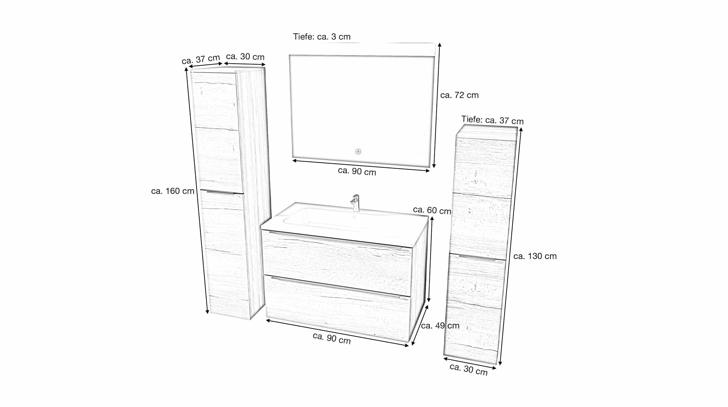 Badmöbel-Set Eiche - 4 Teile - Waschtisch 90 cm - SOLVEIG