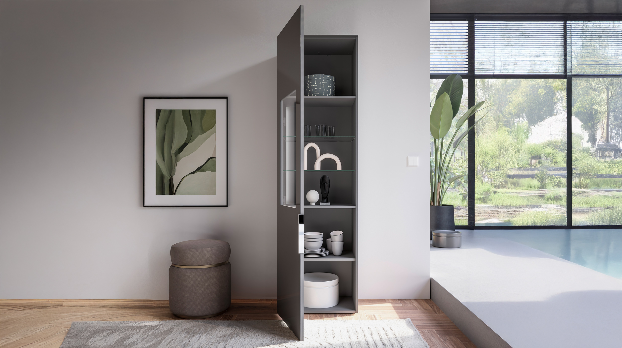 Vitrine mit Beleuchtung anthrazit - Glasfront - Breite 55 cm - SANTORIN