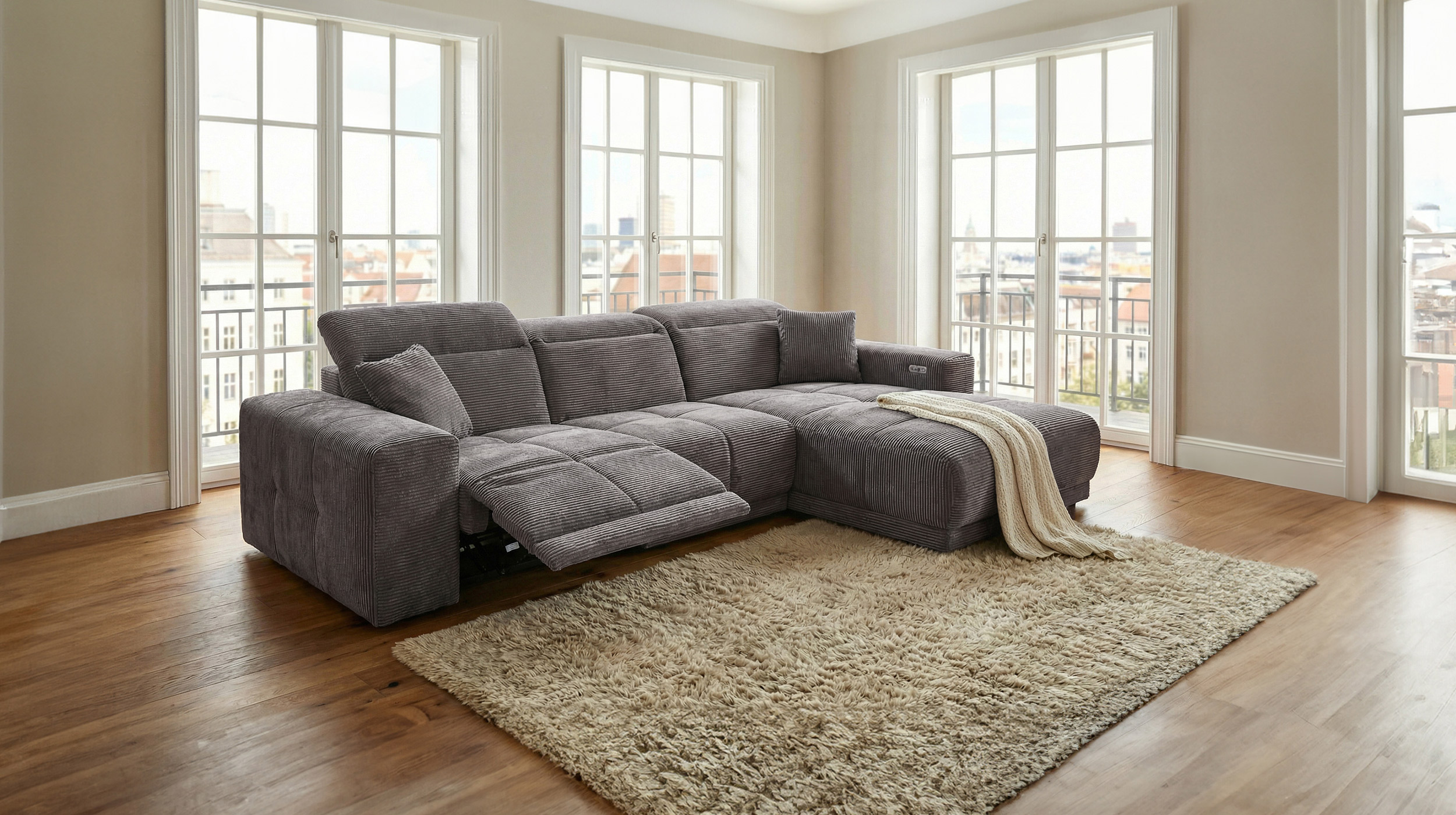 Ecksofa Cord grau 302 x 167 cm mit Relaxfunktion - OT rechts - TONI