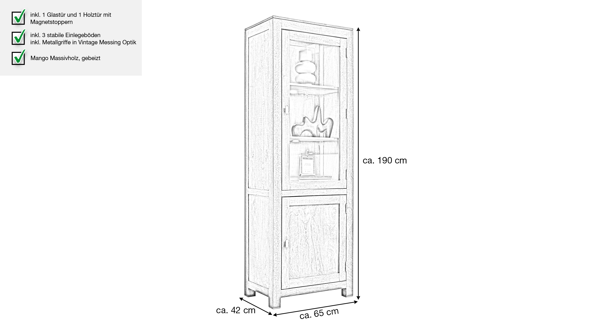 Vitrine Mango massiv gebeizt - montiert Breite 65 cm - MANGALA