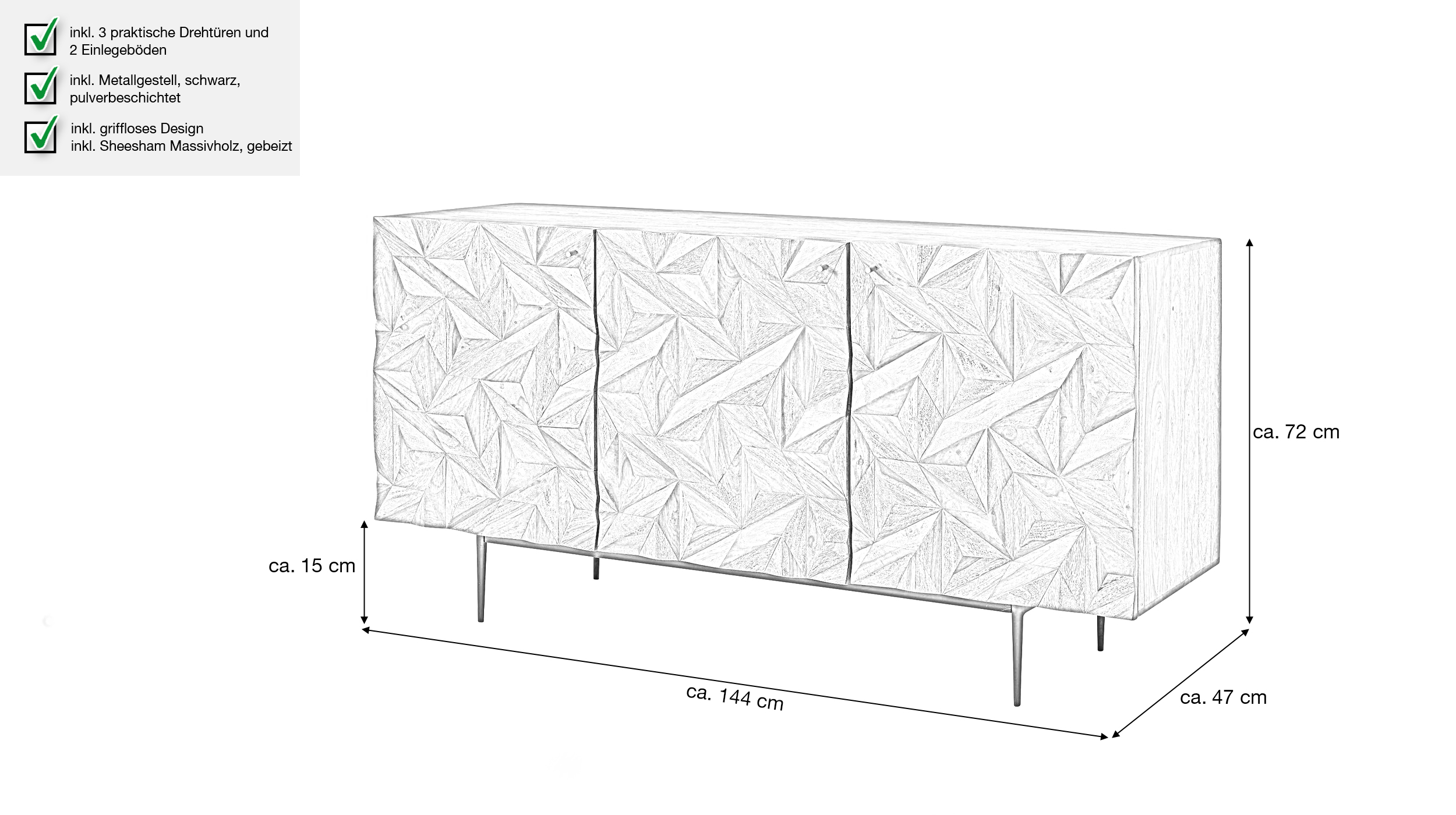 Sideboard Sheesham massiv gebeizt 144 cm - 3-türig - STEN