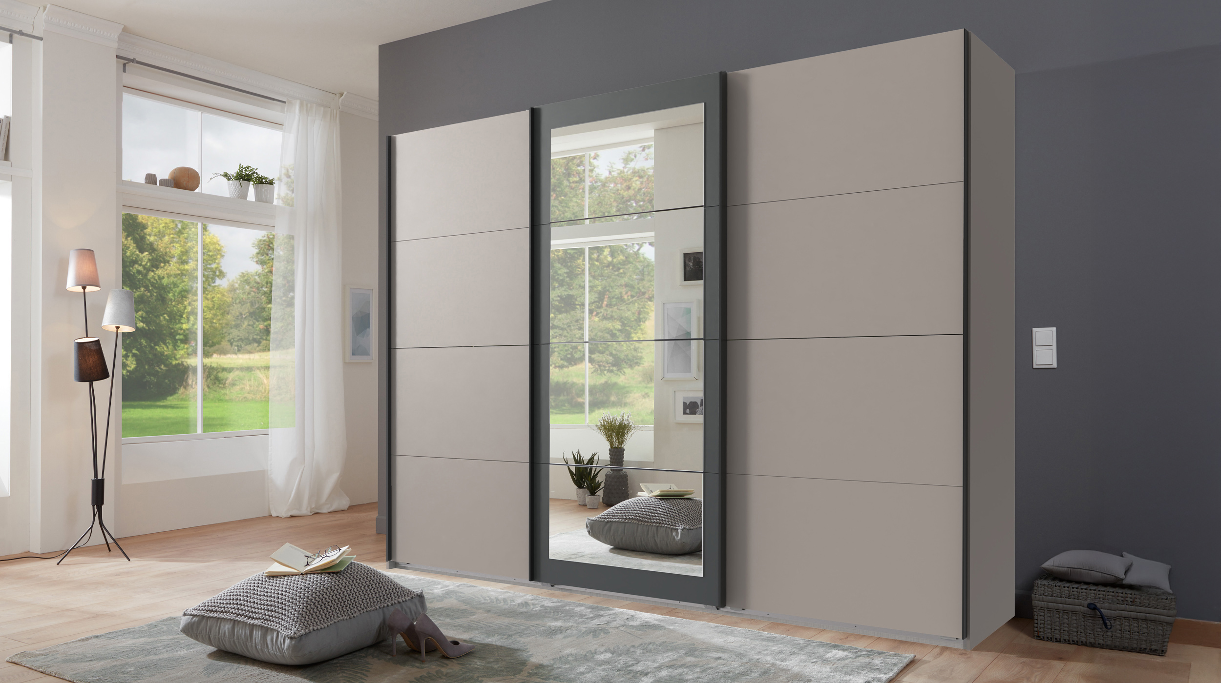 Schwebetürenschrank grau - graphit mit Spiegel 270 cm 3-türig - MINDEN