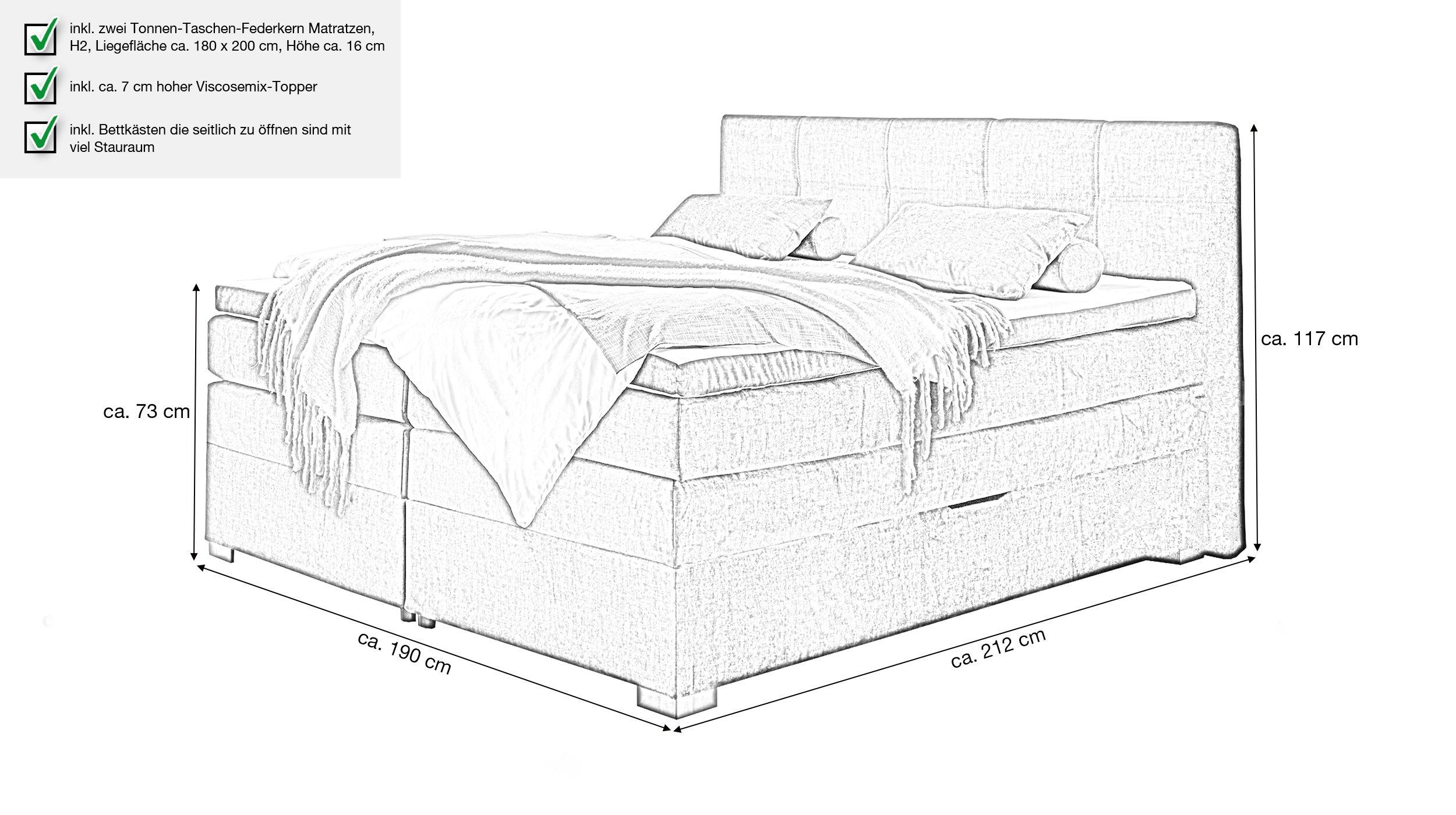 Boxspringbett 180 cm mit Bettkasten anthrazit Velours - FANES