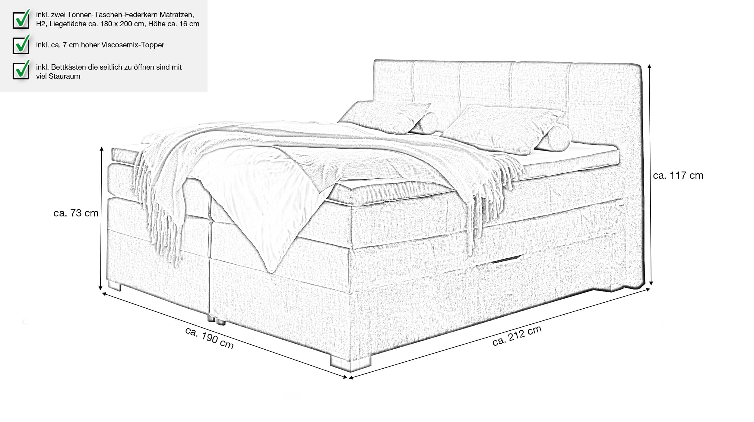 Boxspringbett 180 x 200 cm mit Bettkasten anthrazit Velours