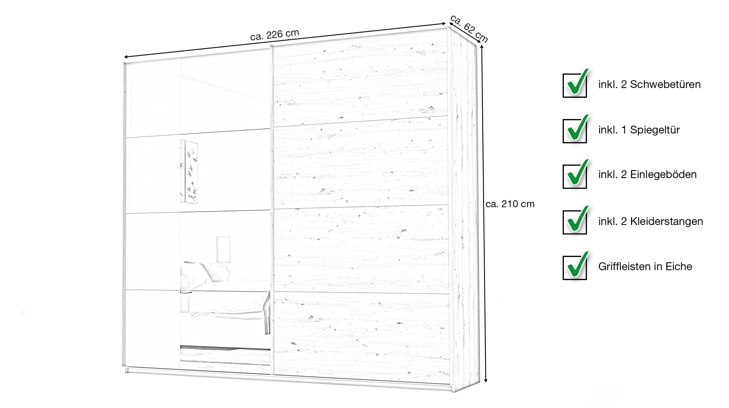 Schwebetürenschrank Eiche - Spiegel 226 cm - SALDANA 