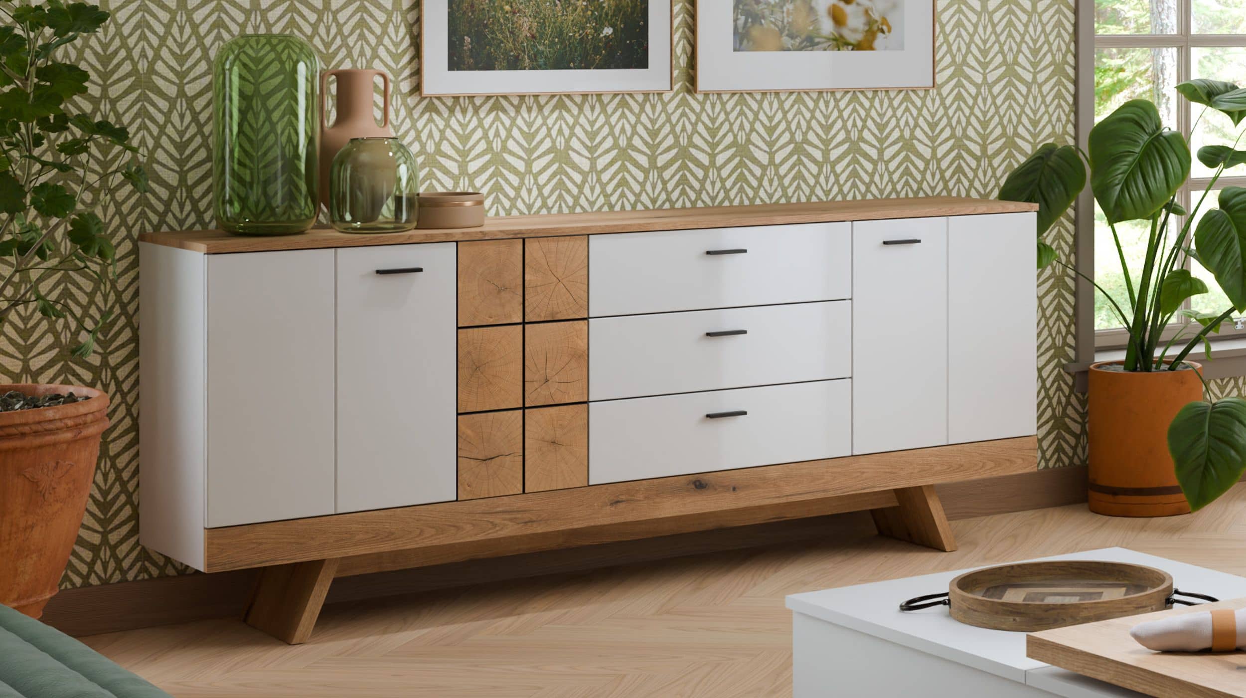 Sideboard mit 3 Schubladen weiß Hochglanz - Eiche 184 cm - ORETA