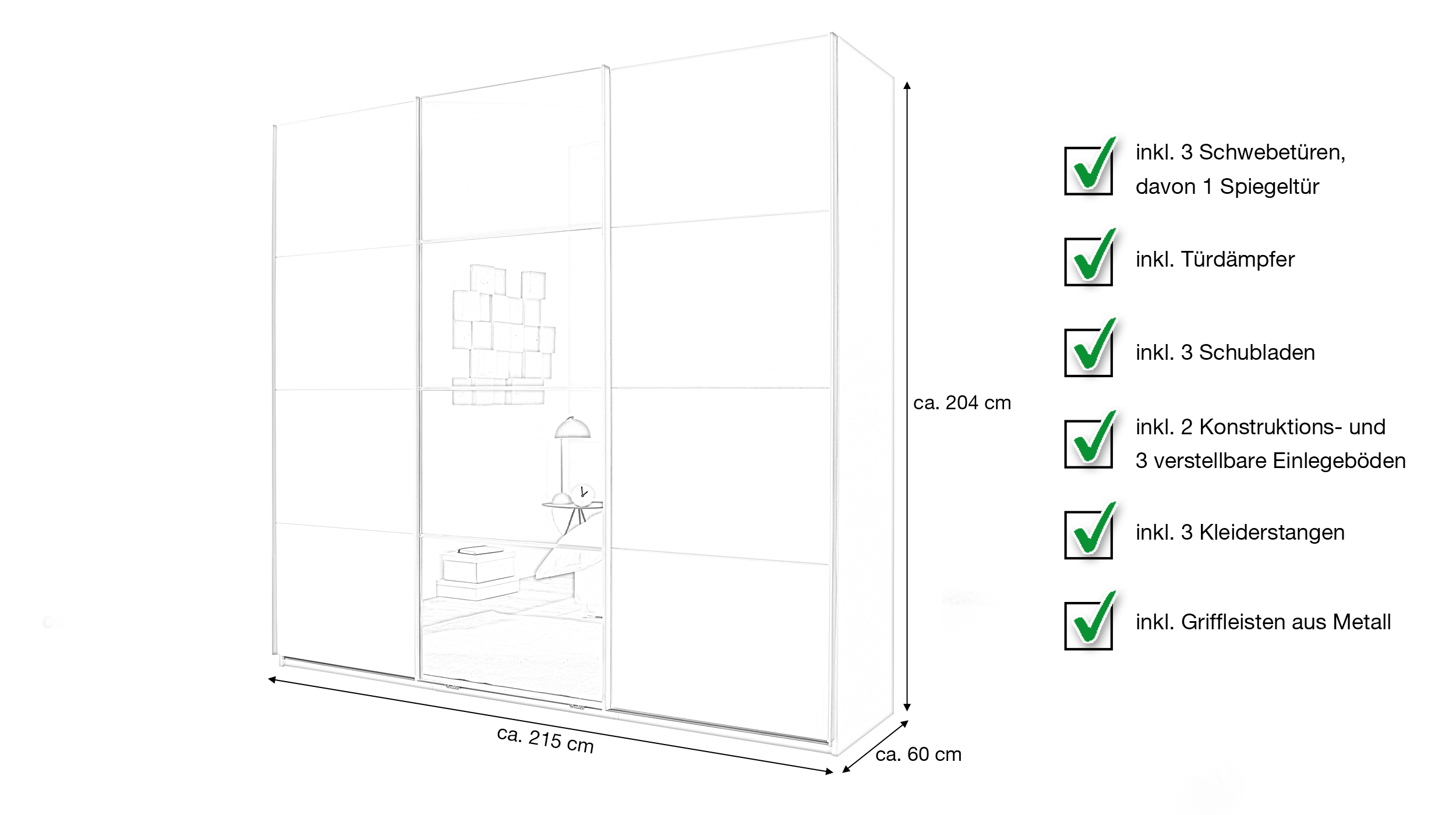 Schwebetürenschrank mit Spiegel weiß 215 cm - 3-türig - CARANO
