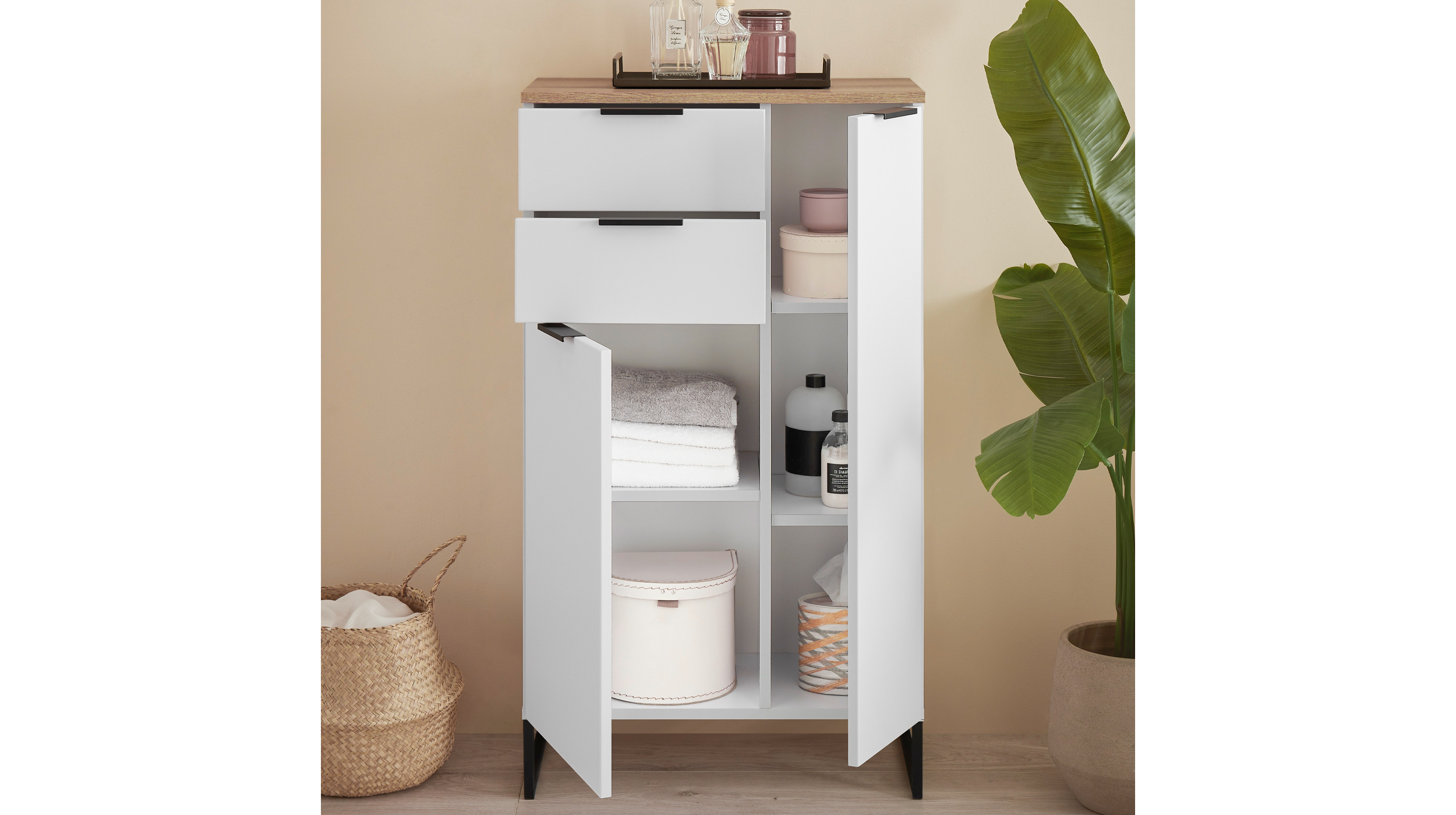 Bad Unterschrank weiß Eiche 60 cm - 2 Schubladen - DALIA