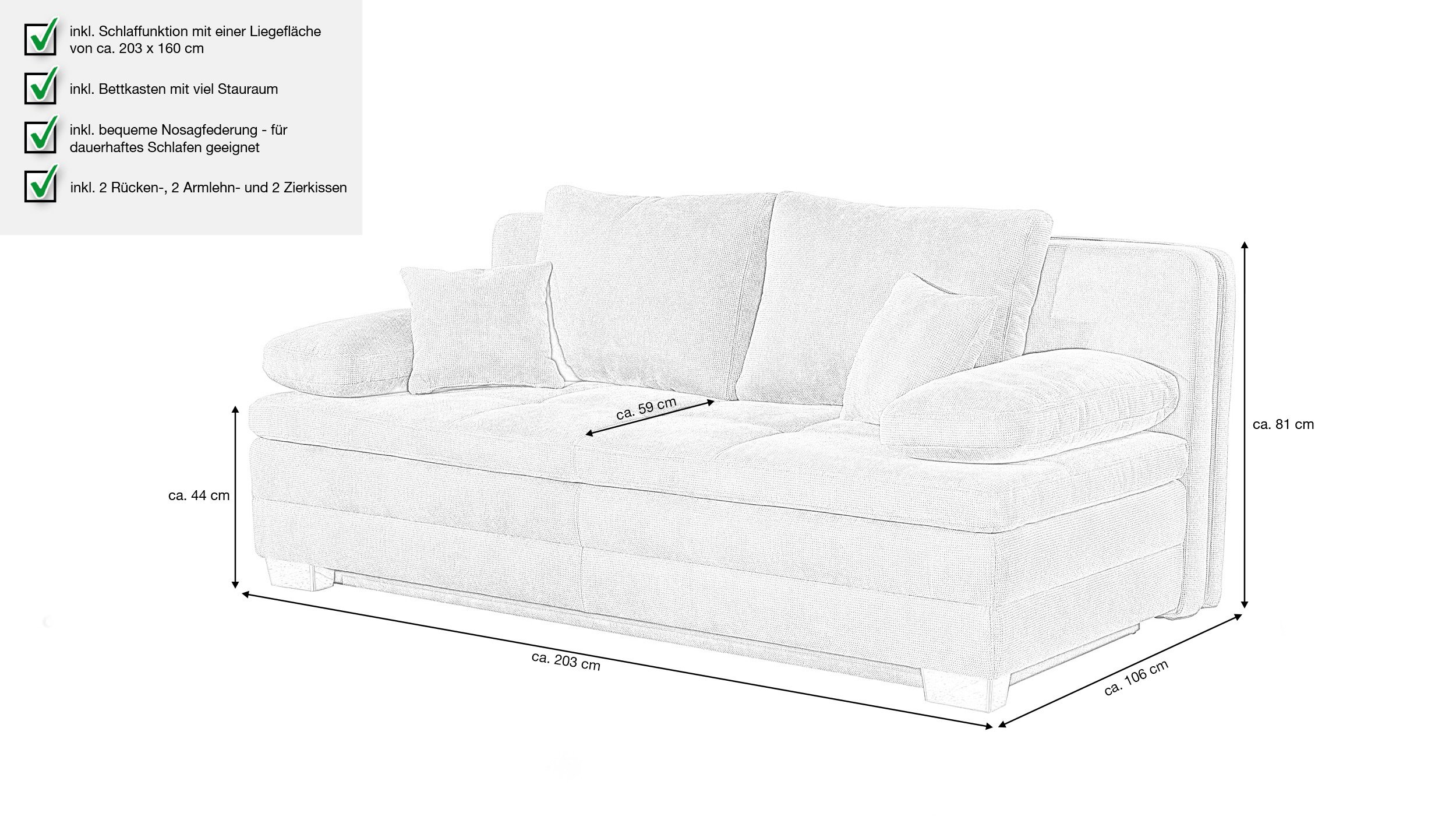 Schlafsofa grau Bettkasten Dauerschläfer Federkern 203 cm - LINDAU