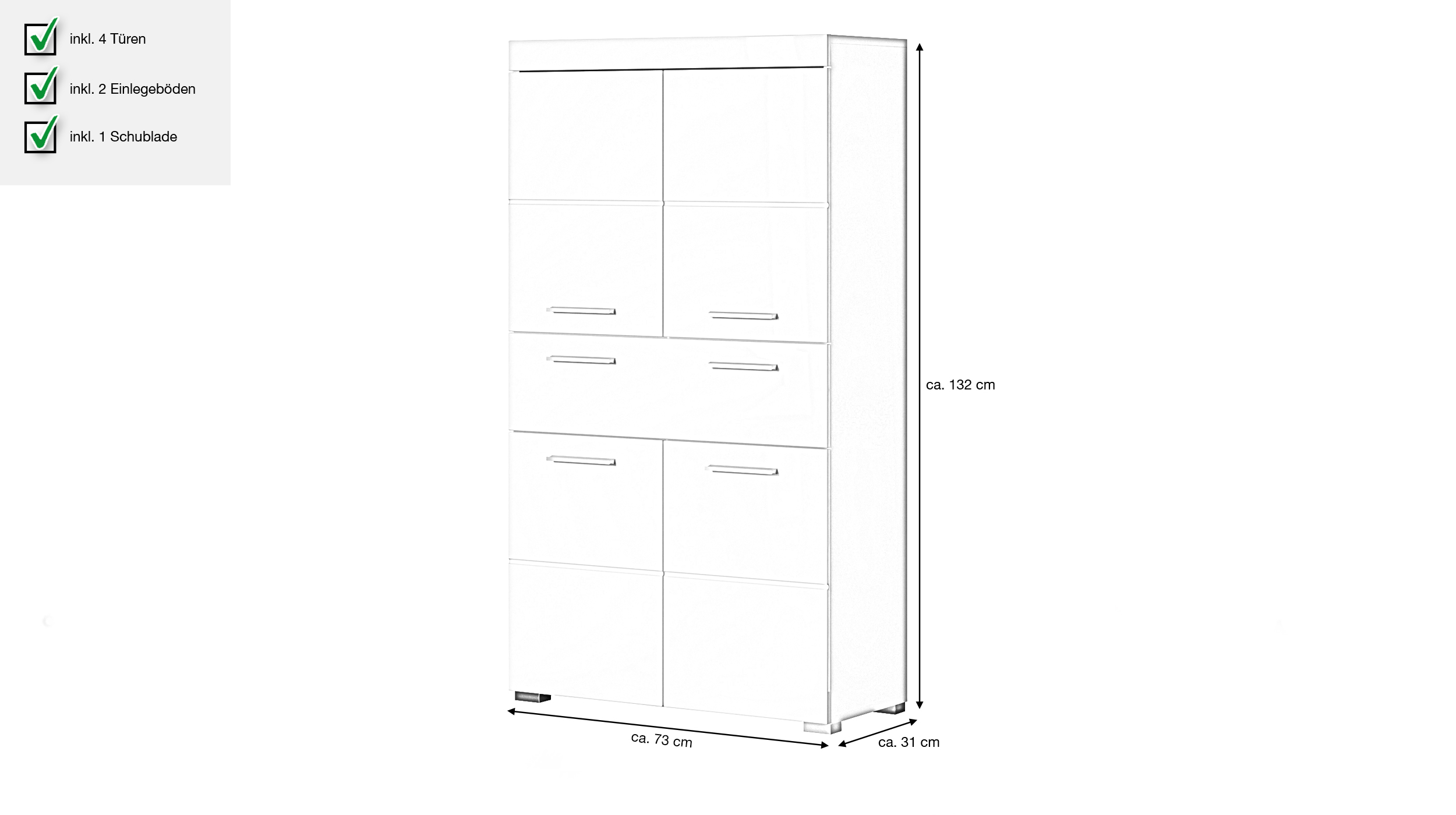 Bad Hochschrank weiß hochglanz 4 Türen 73 cm - AMANDA