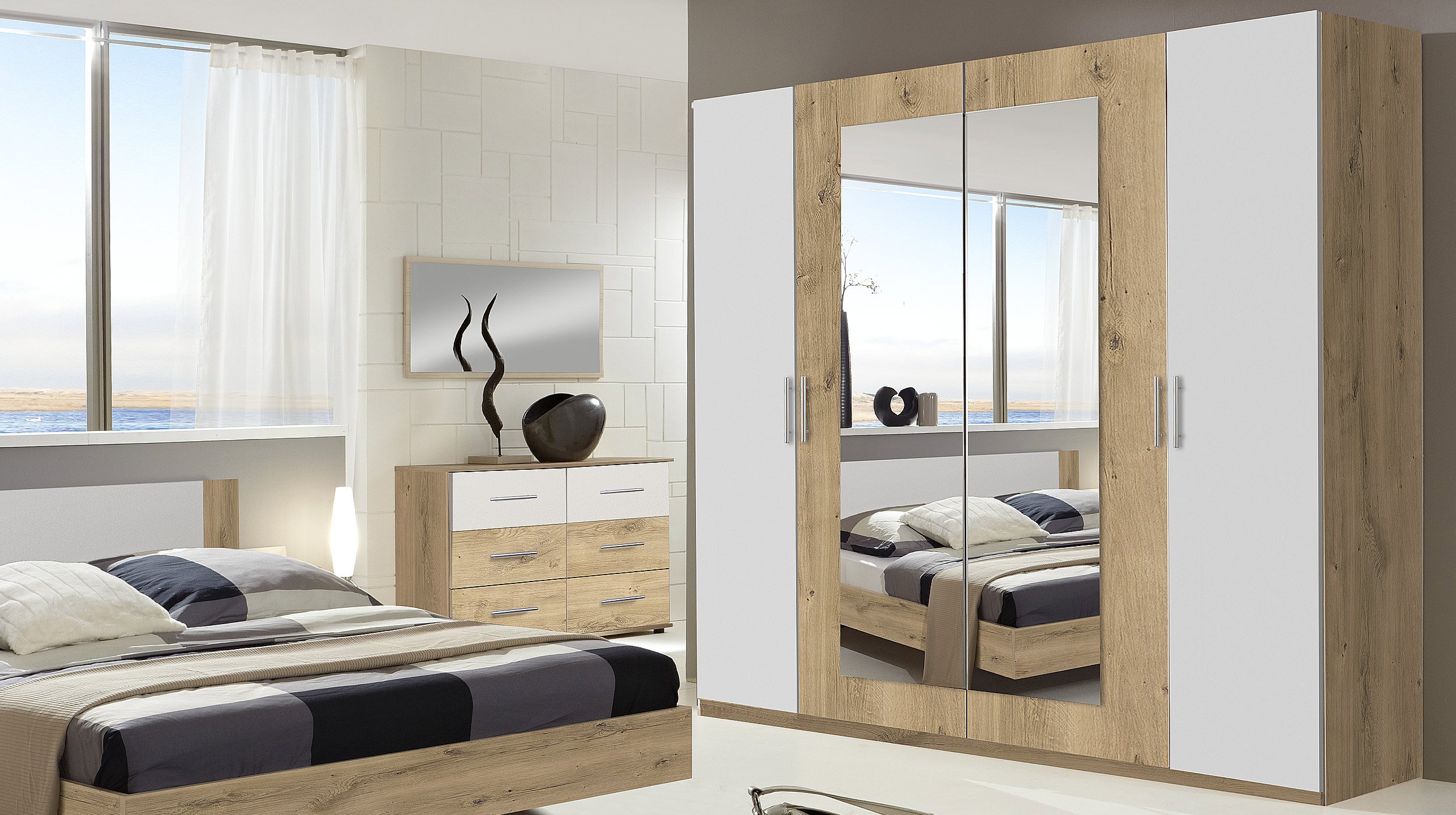 Kleiderschrank mit Spiegel - Plankeneiche - weiß - 225 cm - NORA