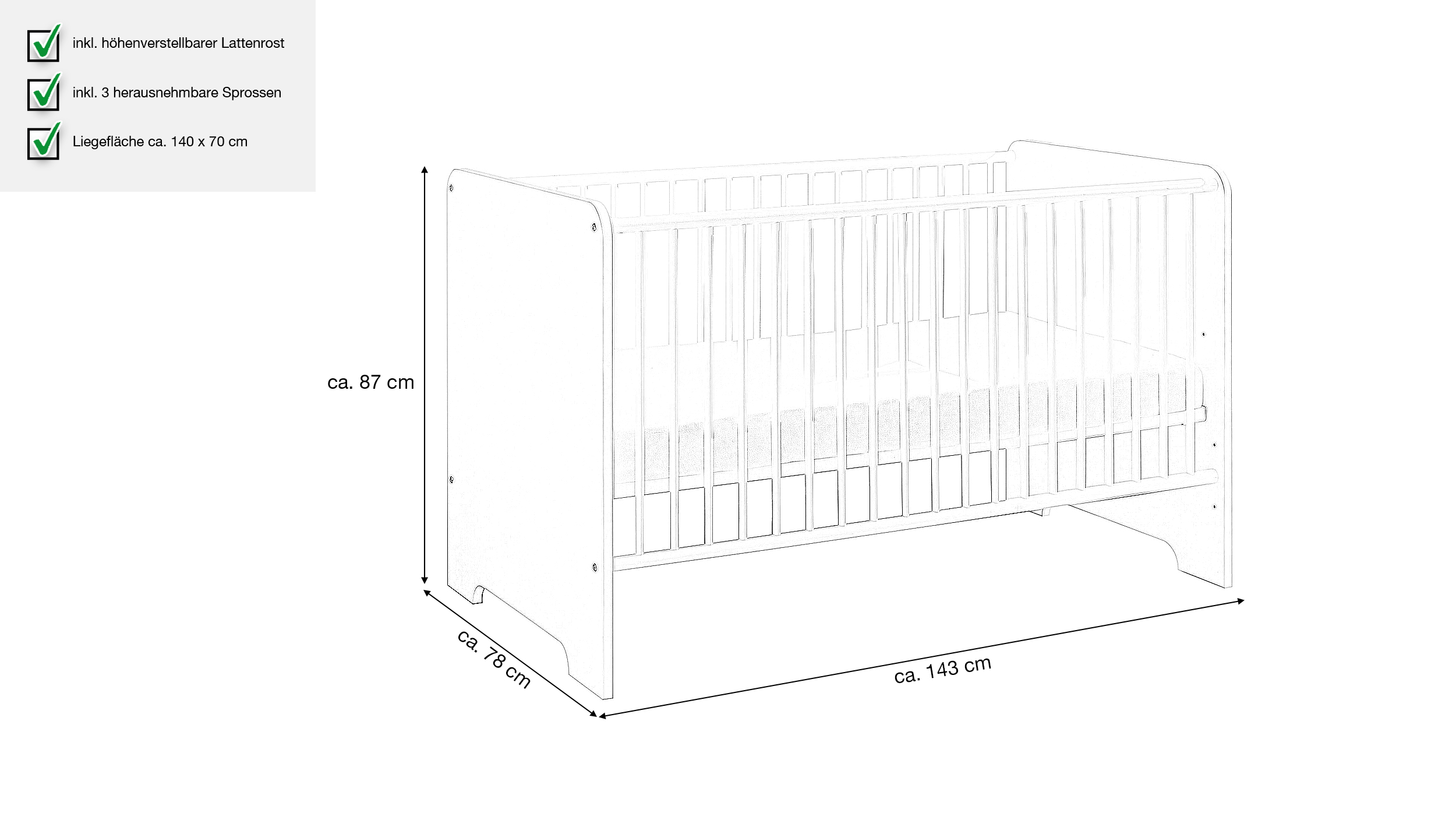 Kinderbett Babybett 70 x 140 cm weiß hochglanz - SPICE 
