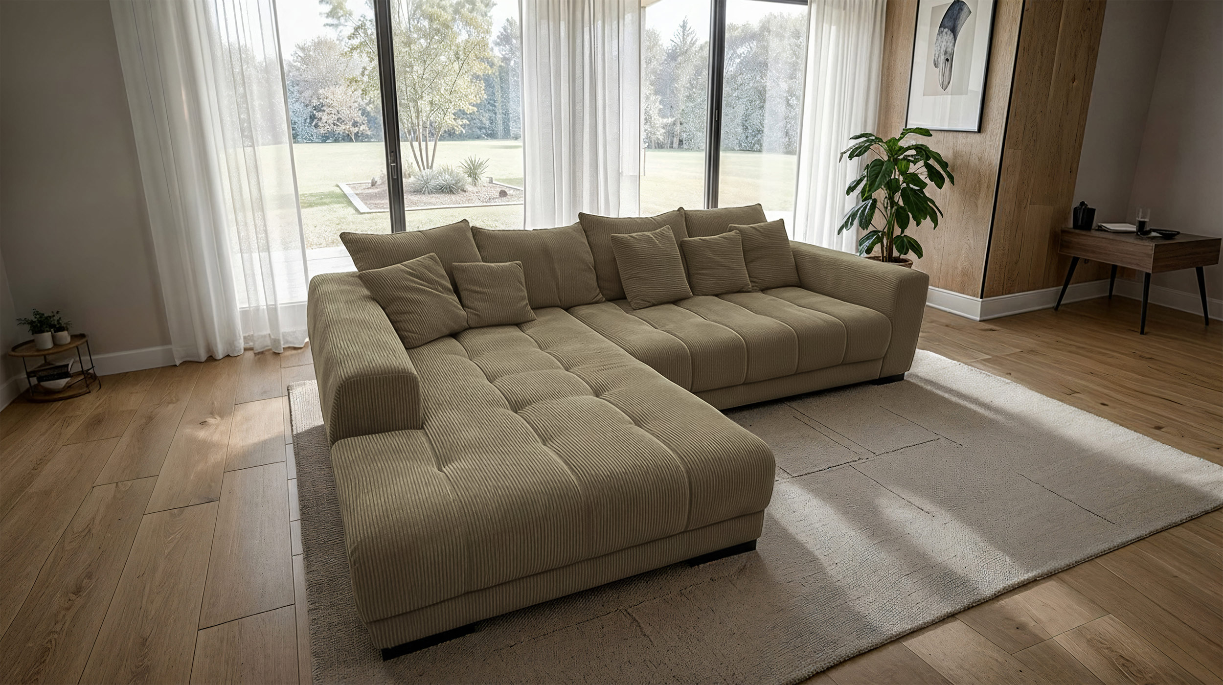 Ecksofa Cord grün elektrisch ausfahrbar 300 cm - OT links - ARTEMIS