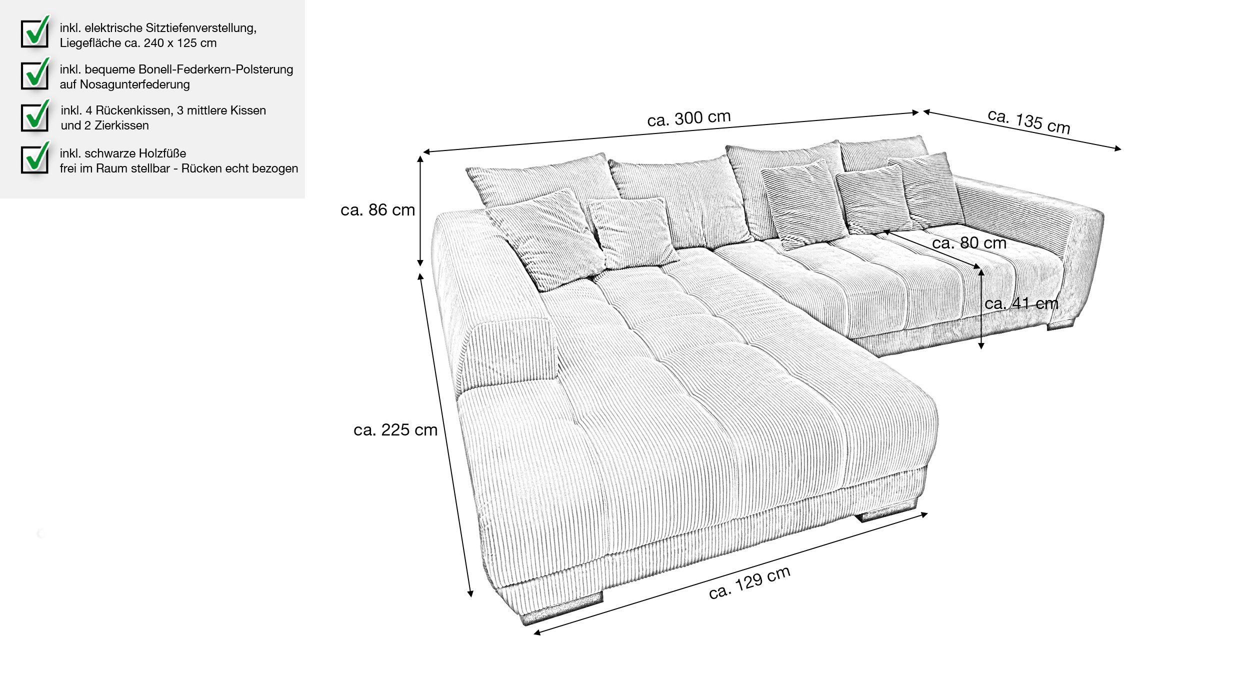 Ecksofa Cord grau elektrisch ausfahrbar 300 cm - OT links - ARTEMIS