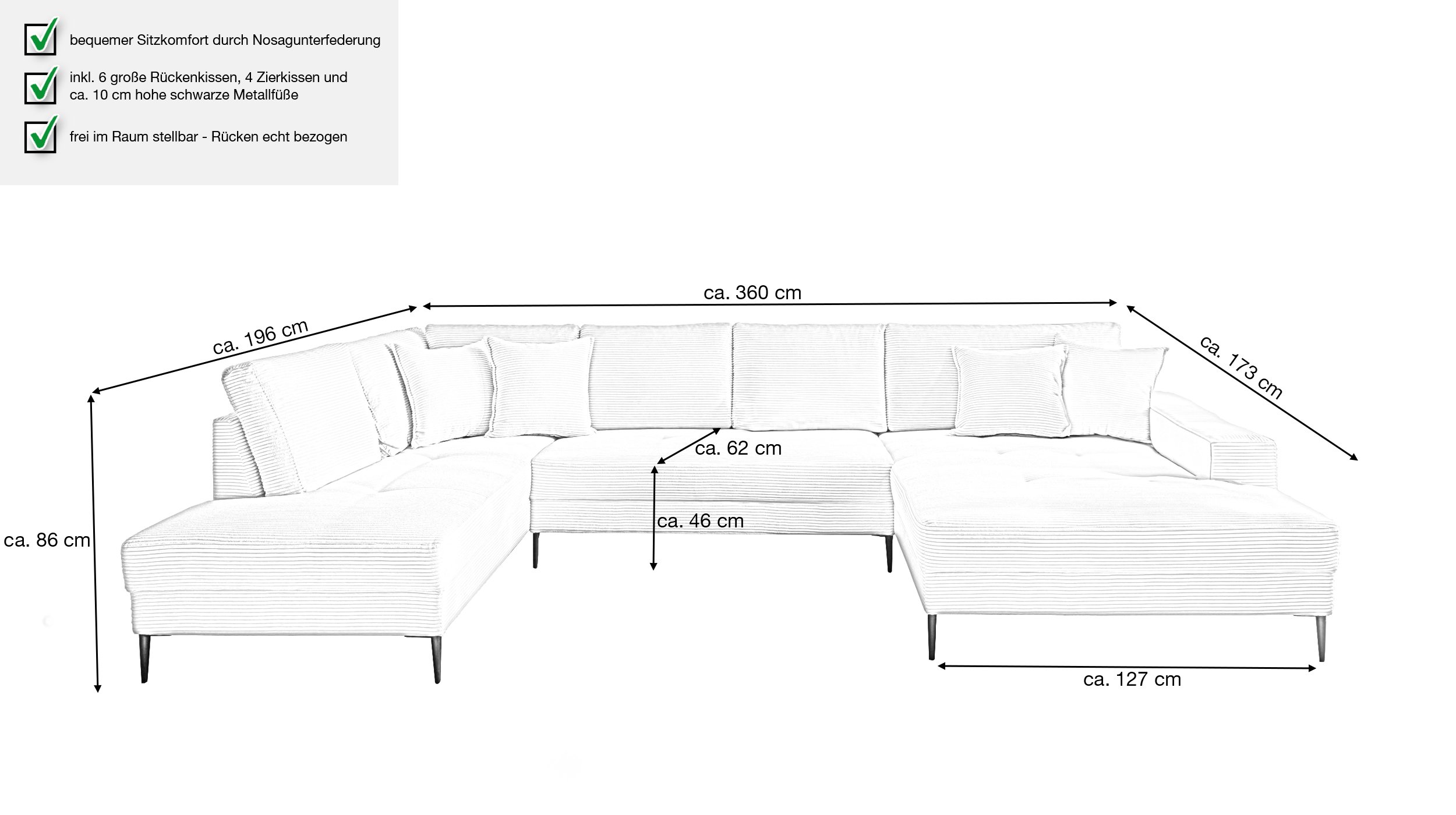 Wohnlandschaft Cord dunkelgrau - 360 cm - SUMMER 