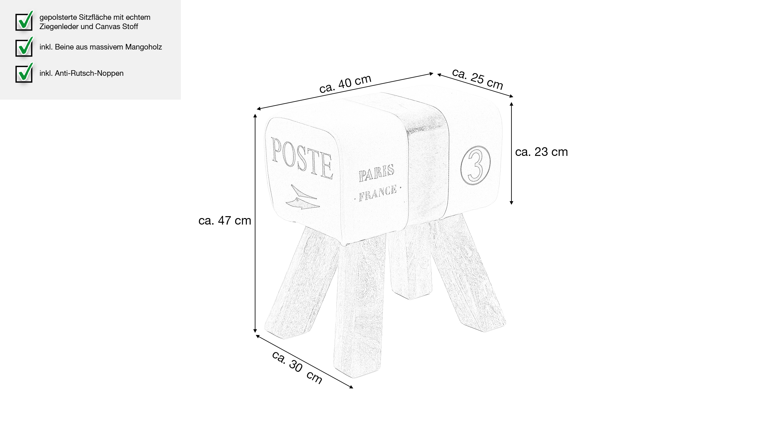Sitz- & Fußhocker Stoffbezug beige Mango massiv lackiert - CARLAS 