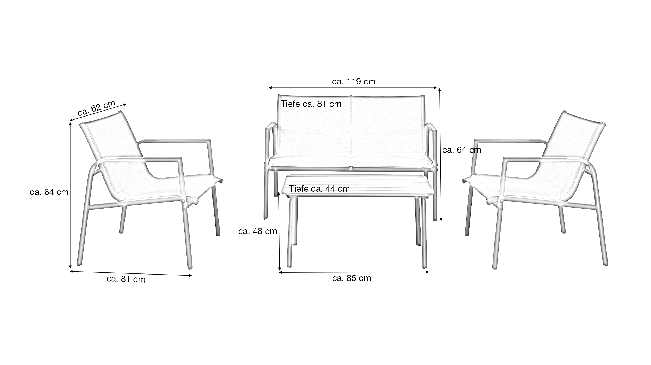 Gartenmöbel Set 4-teilig schwarz Gartentisch 85 x 44 cm - LENI 