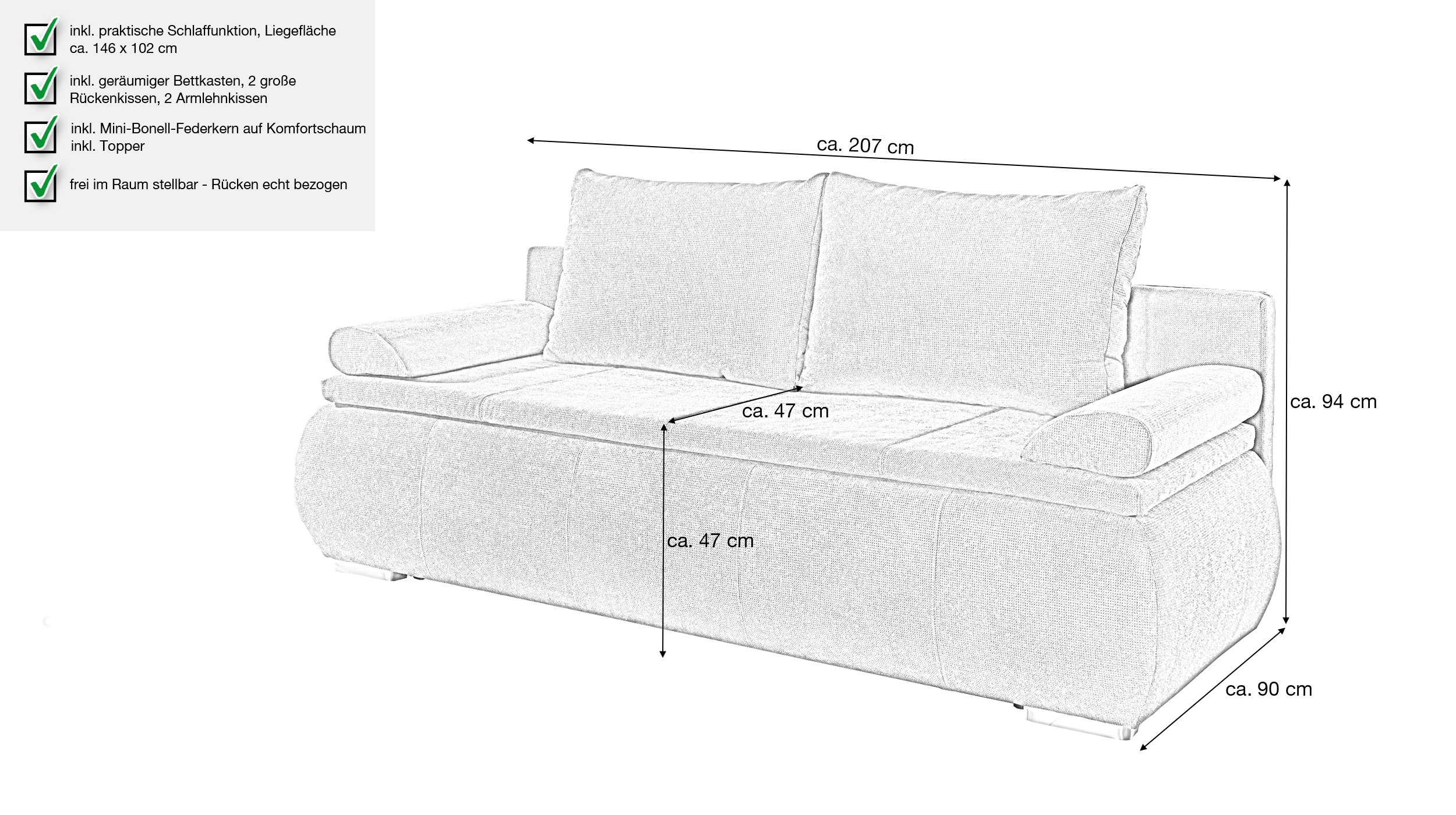 Schlafsofa grau Bettkasten Dauerschläfer Federkern 207 cm - LENON