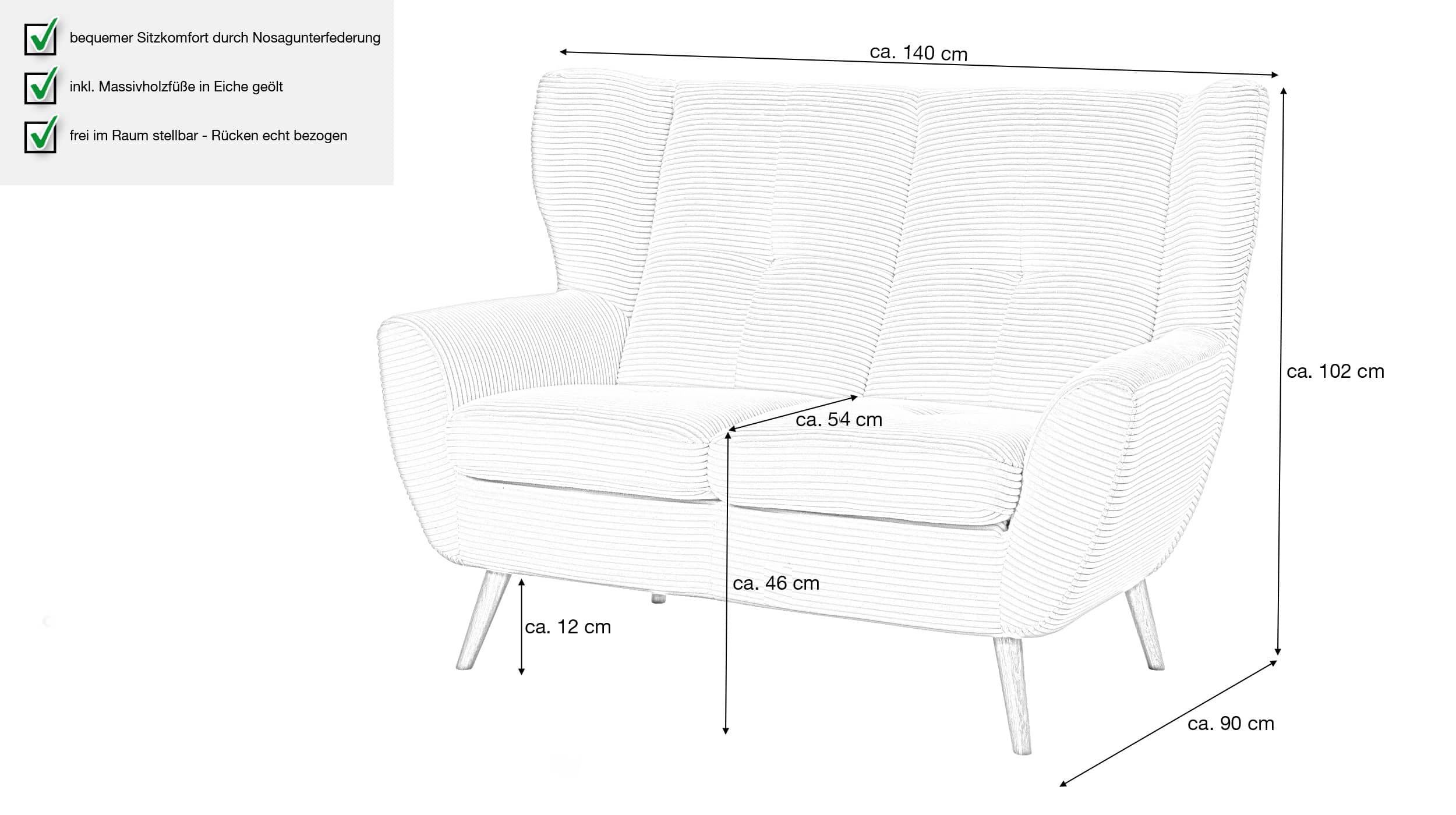 Einzelsofa 2-Sitzer Sofa creme Cordbezug 140 cm - AVESTA