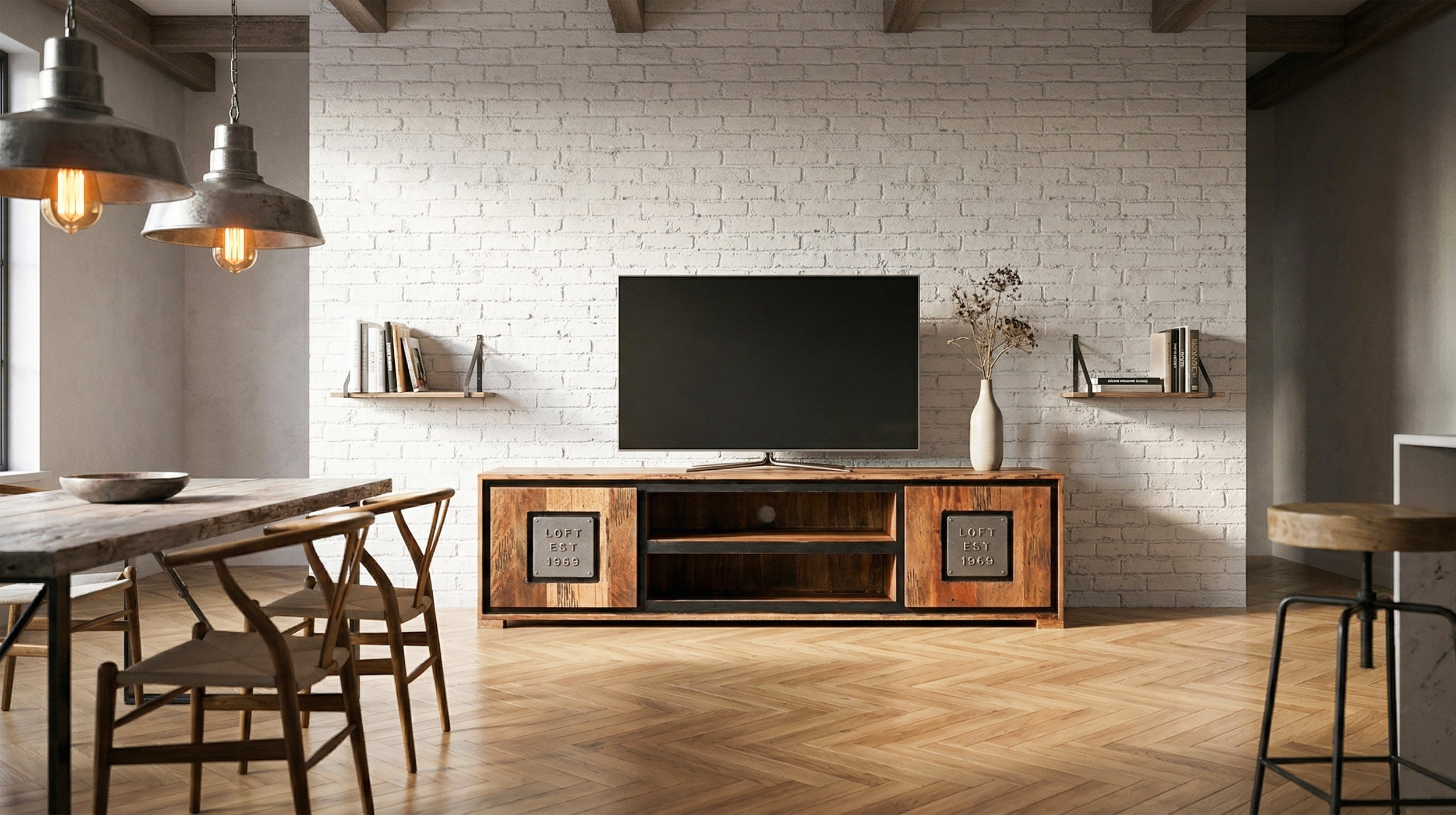 TV - Lowboard Akazie Altholz massiv montiert - 180 cm - NARVIK