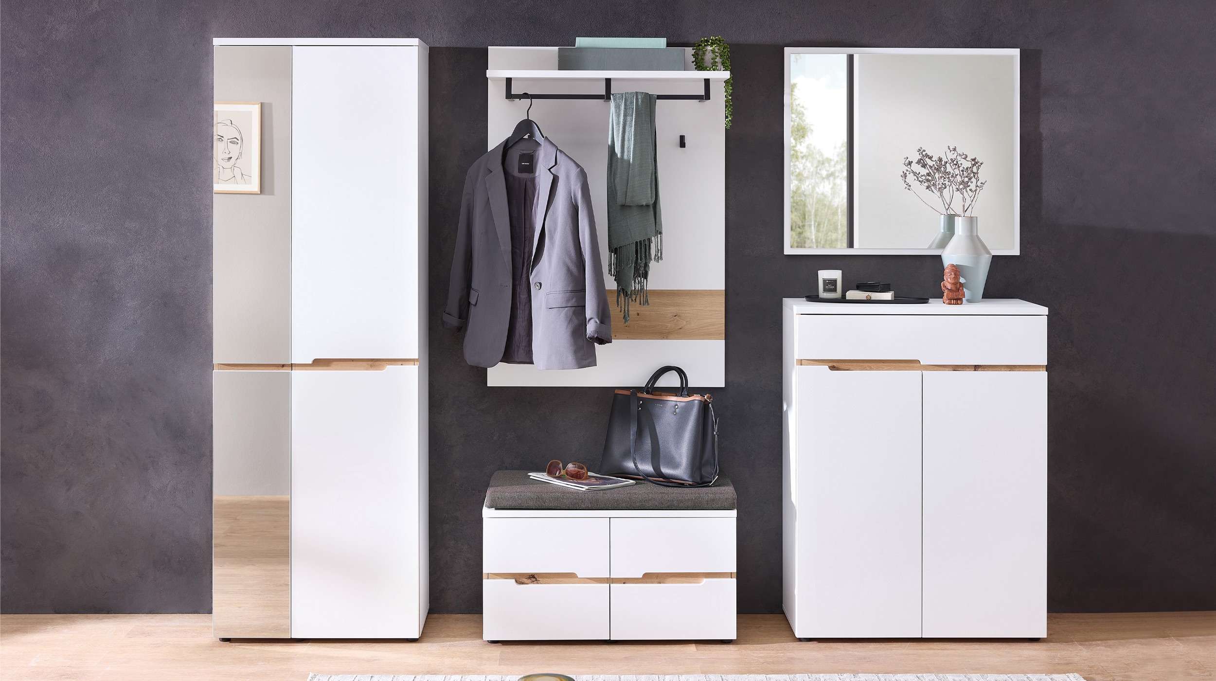 Garderobenschrank mit Spiegel weiß - Artisan Eiche 65 cm - MEMPHIS 