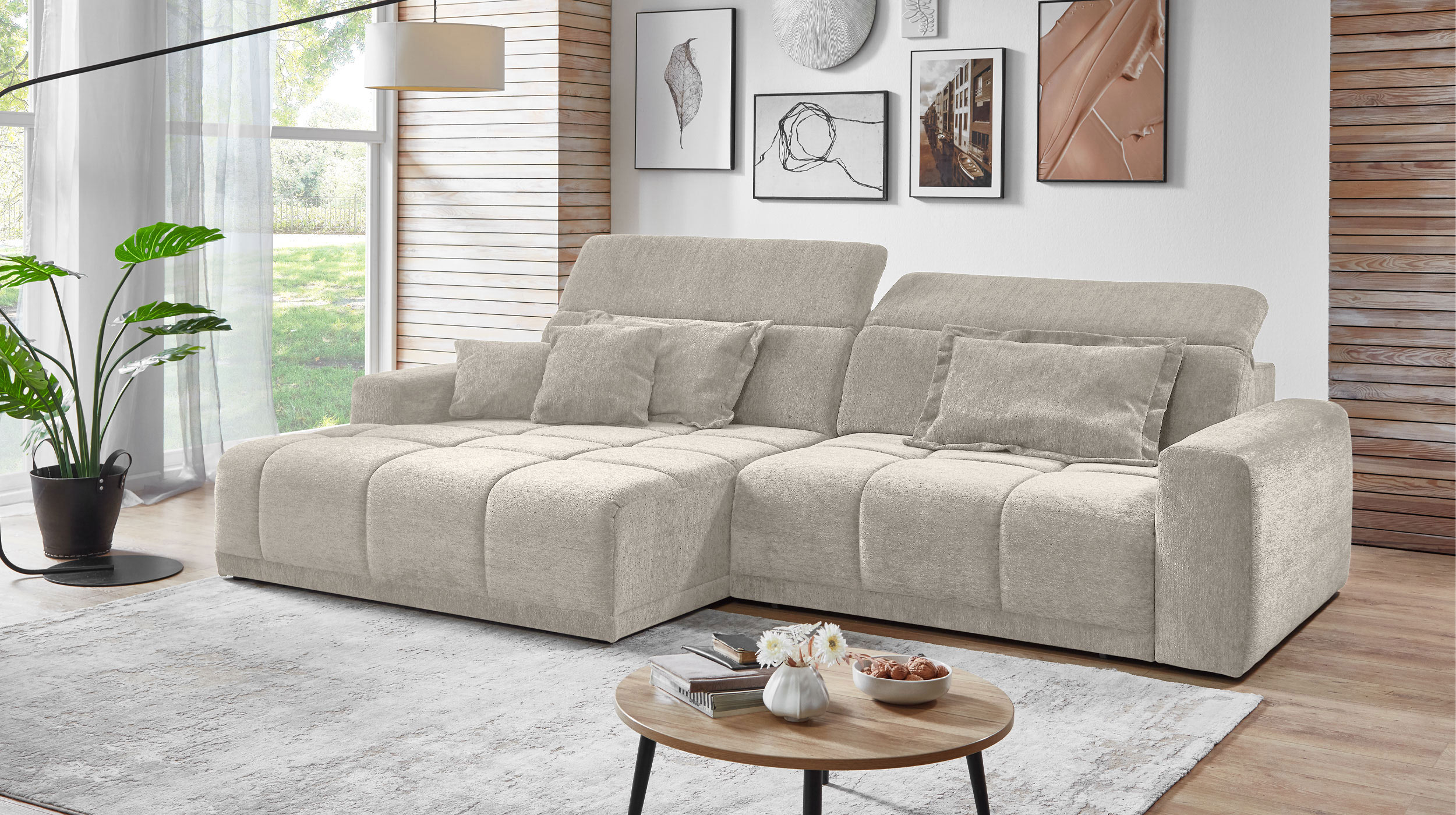 Ecksofa beige - 288 x 176 cm - Sitztiefenverstellung - OT links - BROOK