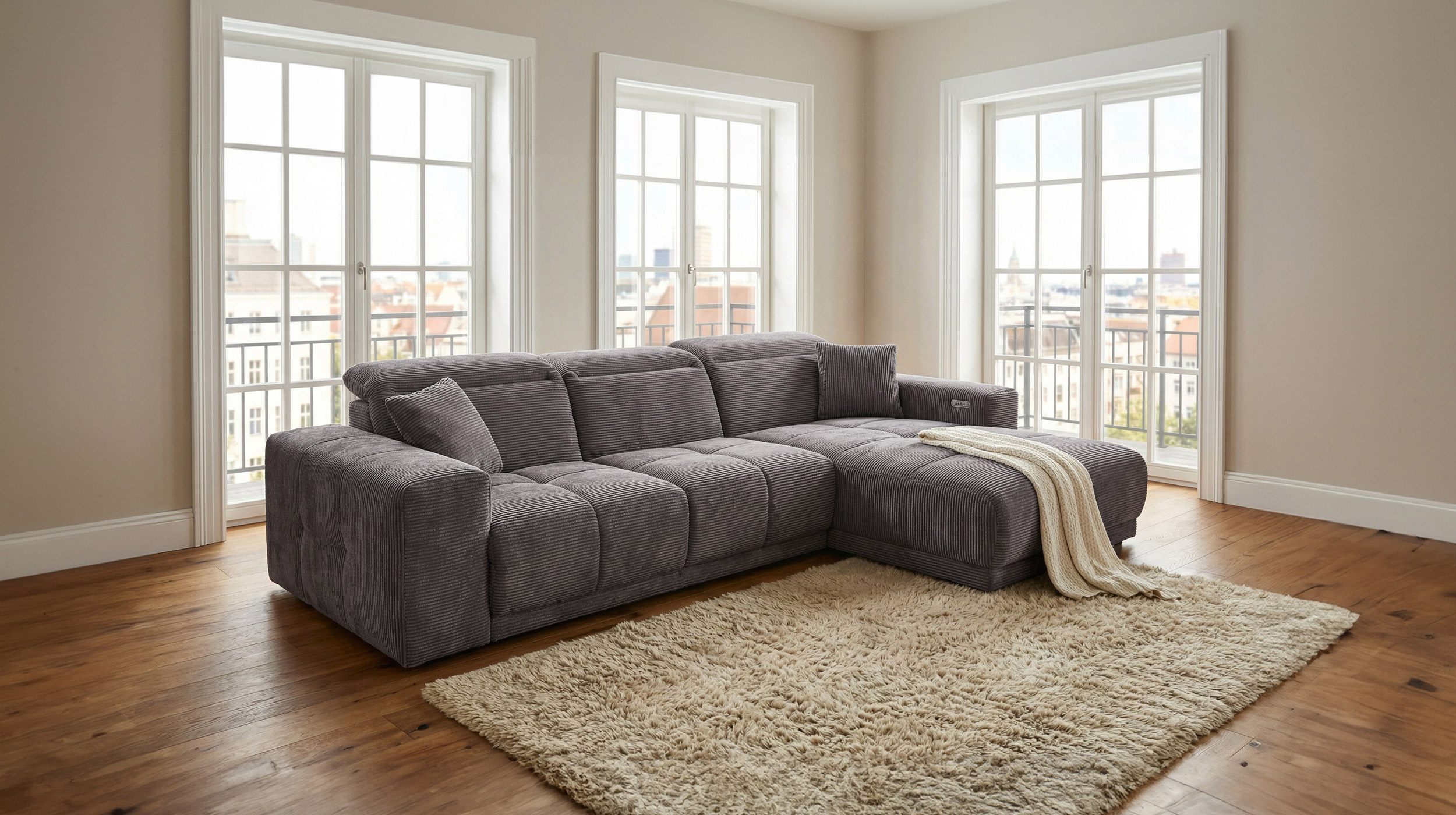 Ecksofa Cord grau 302 x 167 cm mit Relaxfunktion - OT rechts - TONI