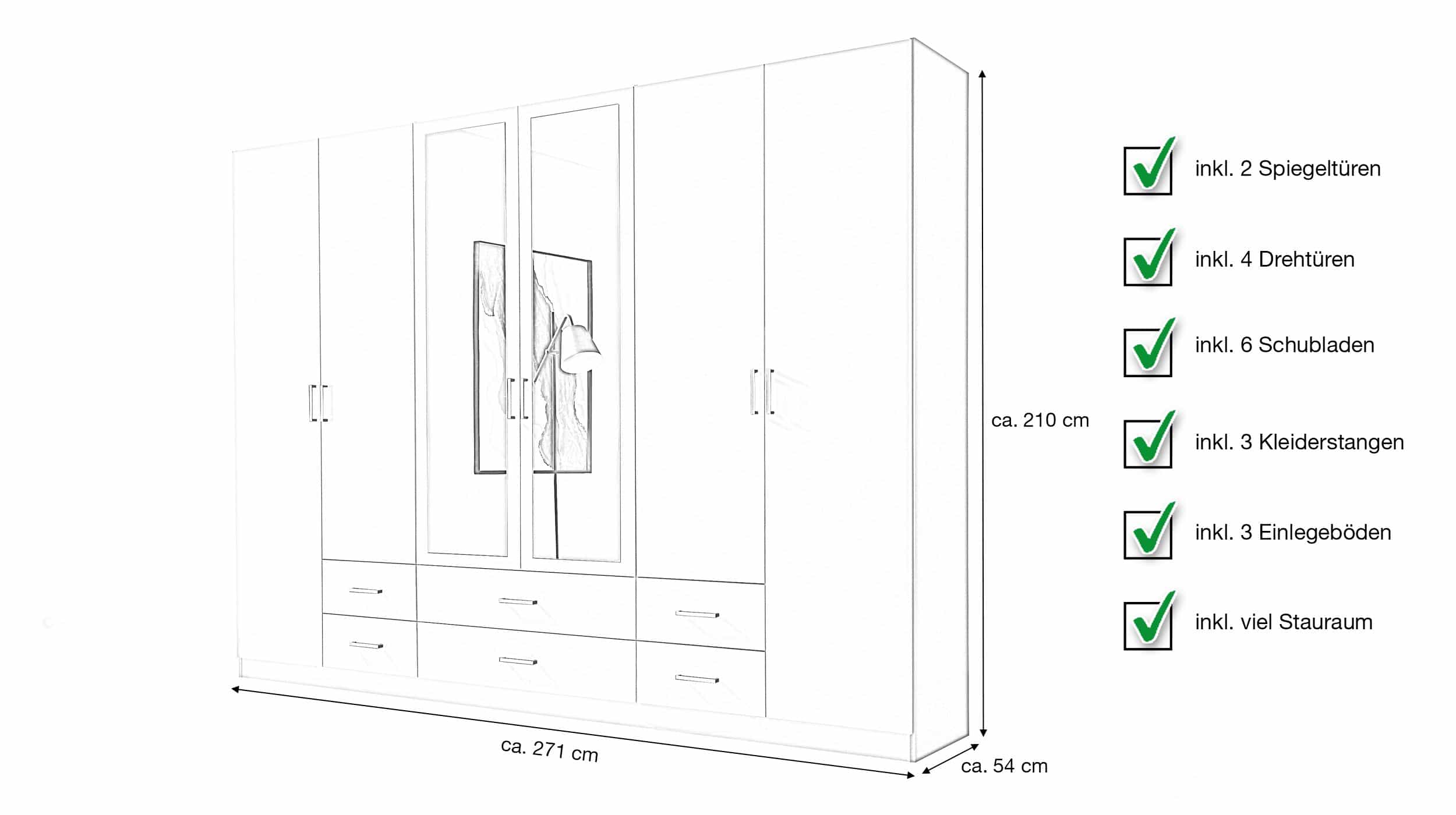 Kleiderschrank weiß mit Spiegel - 271 cm - 6-türig - ELVA