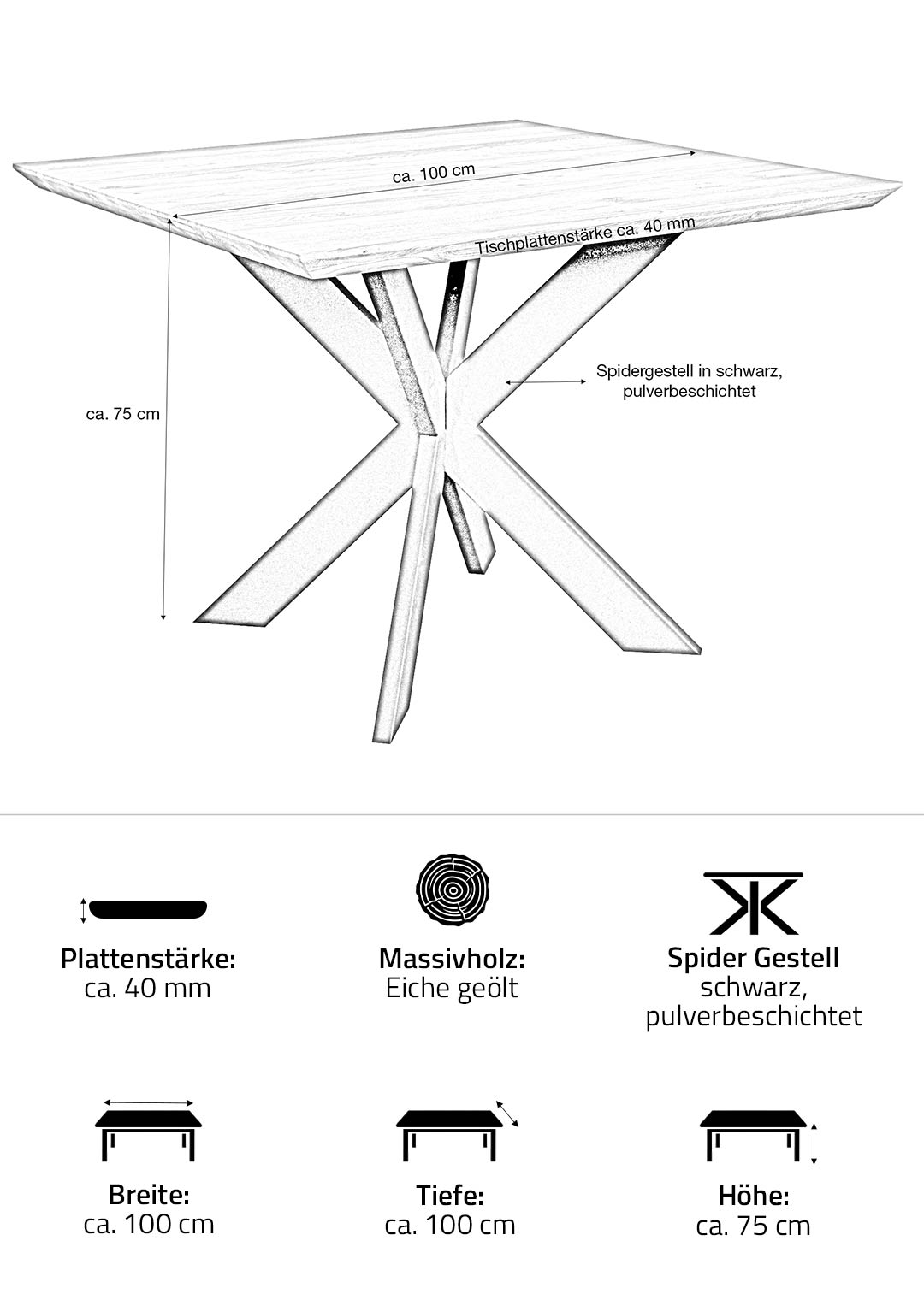Esstisch Massivholztisch Eiche geölt 100 x 100 cm - TORIN