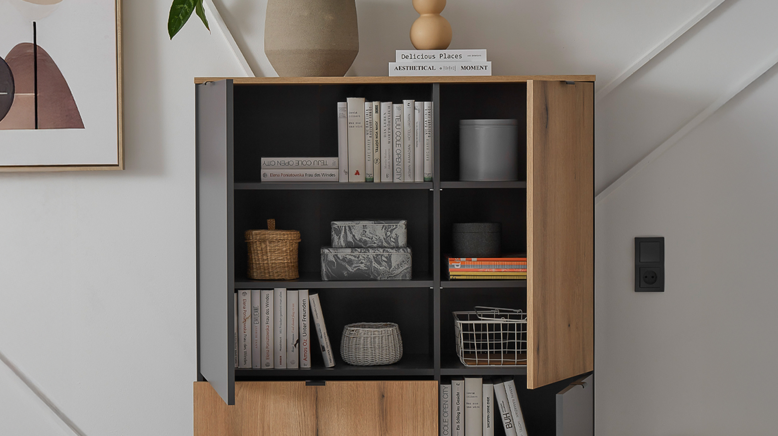 Highboard 3 Türen 2 Schubladen anthrazit - Eiche 103 cm - VINCE