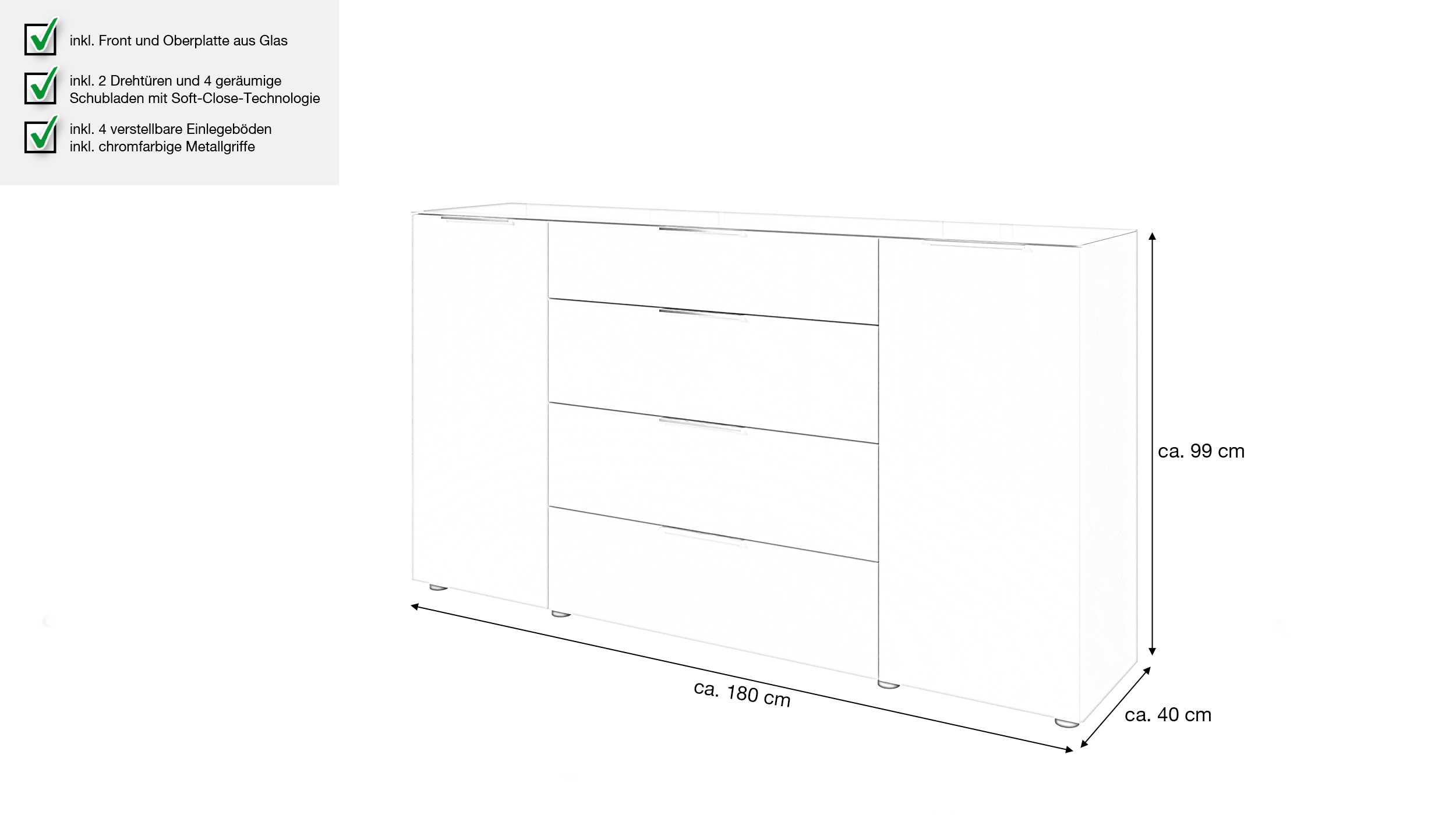 Sideboard 4 Schubladen - beige - Glasfront - 180 cm - SANTORIN