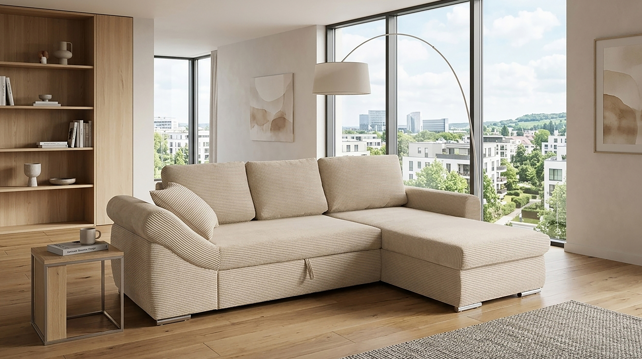 Ecksofa Schlaffunktion Bettkasten creme Cord 261 cm - RAMONA