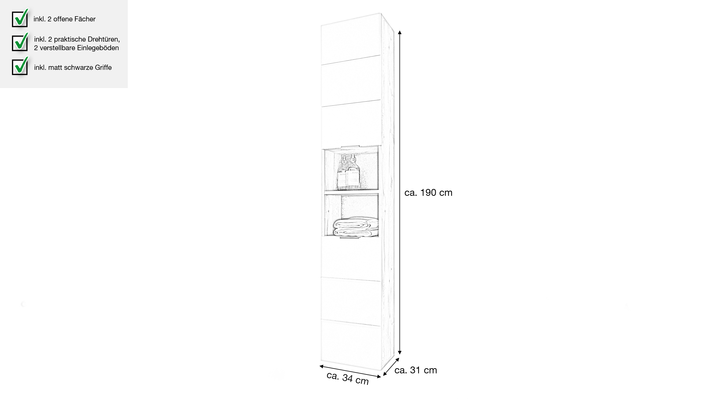 Bad Hochschrank Viking Eiche - beige 2 Türen Breite 34 cm - KRETA