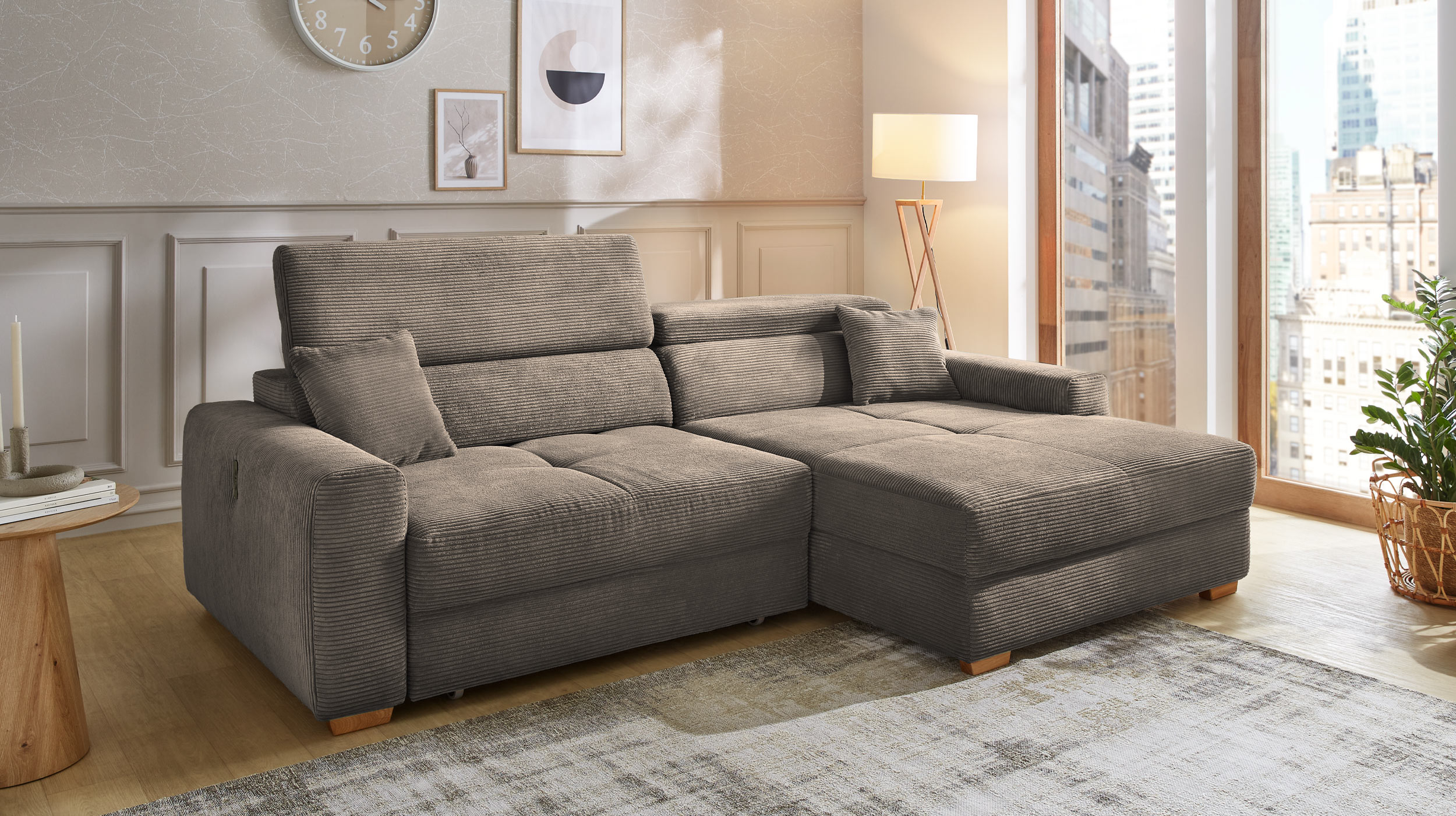 Ecksofa Cord taupe ausziehbar - Sitztiefenverstellung 277 cm - SLIDER
