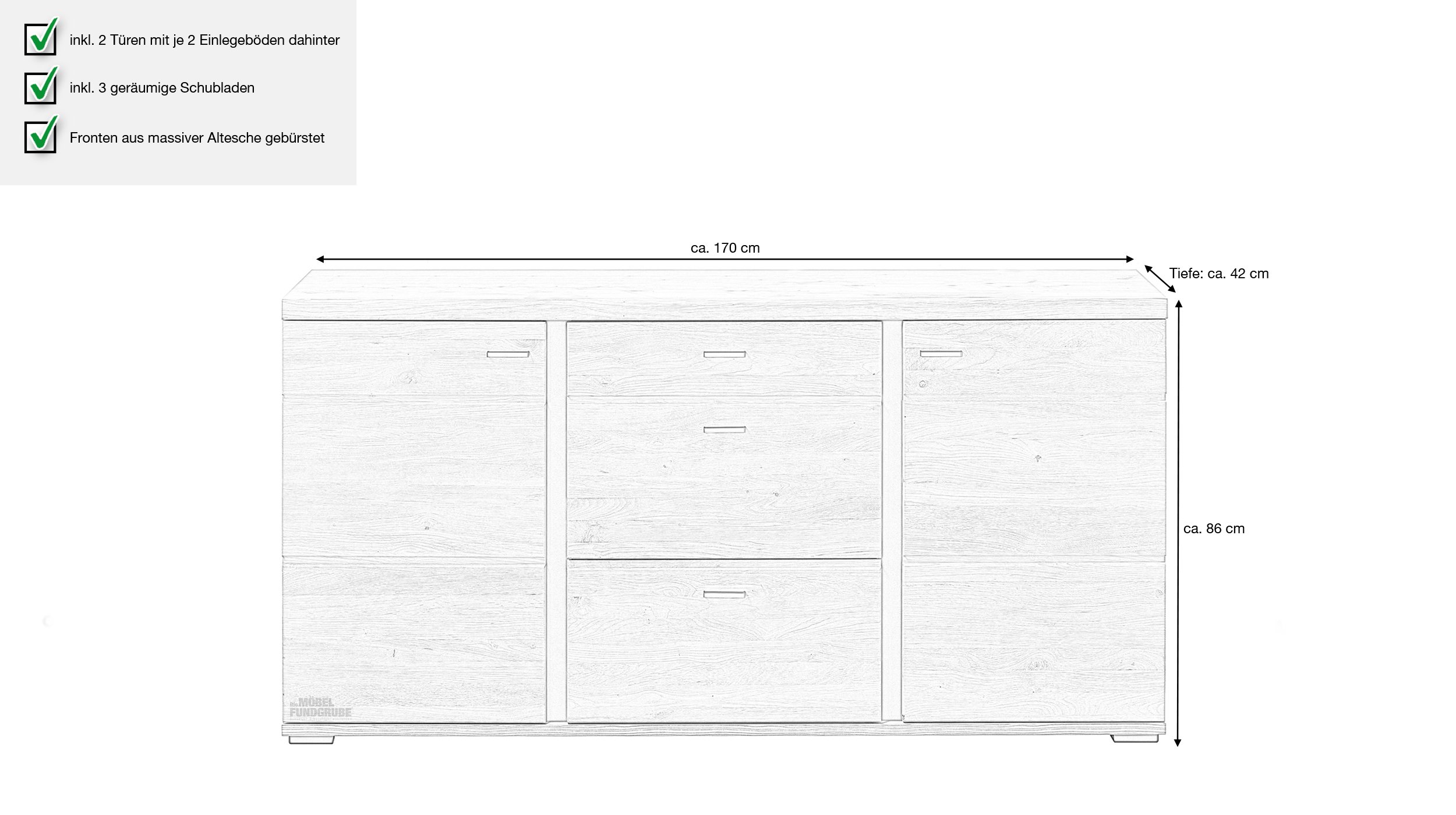 Sideboard mit 3 Schubladen Altesche teilmassiv gebürstet 170 cm - SONOS